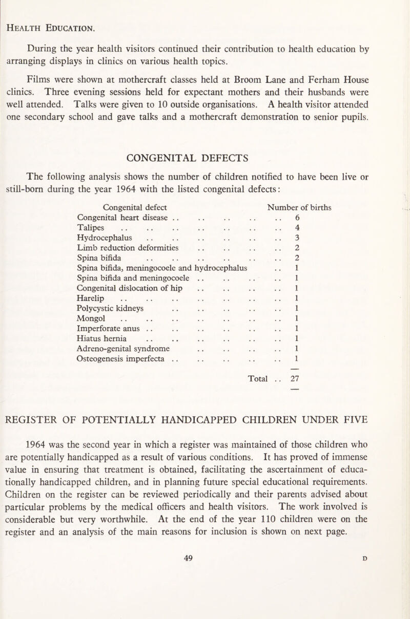 Health Education. During the year health visitors continued their contribution to health education by arranging displays in clinics on various health topics. Films were shown at mothercraft classes held at Broom Lane and Ferham House clinics. Three evening sessions held for expectant mothers and their husbands were well attended. Talks were given to 10 outside organisations. A health visitor attended one secondary school and gave talks and a mothercraft demonstration to senior pupils. CONGENITAL DEFECTS The still-born following analysis shows the number of children notified to have been live or during the year 1964 with the listed congenital defects: Congenital defect Congenital heart disease Talipes Hydrocephalus Limb reduction deformities Spina bifida Spina bifida, meningocoele and hydrocephalus Spina bifida and meningocoele Congenital dislocation of hip Harelip Polycystic kidneys Mongol Imperforate anus Hiatus hernia Adreno-genital syndrome Osteogenesis imperfecta Number of births 6 .. 4 3 2 2 1 1 1 1 1 1 1 1 1 1 Total .. 27 REGISTER OF POTENTIALLY HANDICAPPED CHILDREN UNDER FIVE 1964 was the second year in which a register was maintained of those children who are potentially handicapped as a result of various conditions. It has proved of immense value in ensuring that treatment is obtained, facilitating the ascertainment of educa¬ tionally handicapped children, and in planning future special educational requirements. Children on the register can be reviewed periodically and their parents advised about particular problems by the medical officers and health visitors. The work involved is considerable but very worthwhile. At the end of the year 110 children were on the register and an analysis of the main reasons for inclusion is shown on next page.