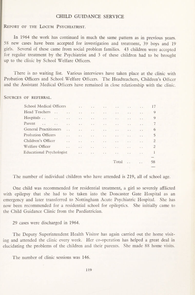 CHILD GUIDANCE SERVICE Report of the Locum Psychiatrist. In 1964 the work has continued in much the same pattern as in previous years. 58 new cases have been accepted for investigation and treatment, 39 boys and 19 girls. Several of these came from social problem families. 43 children were accepted for regular treatment by the Psychiatrist and 3 of these children had to be brought up to the clinic by School Welfare Officers. There is no waiting list. Various interviews have taken place at the clinic with Probation Officers and School Welfare Officers. The Pleadteachers, Children’s Officer and the Assistant Medical Officers have remained in close relationship with the clinic. Sources of referral. School Medical Officers . . . . . . . . .. . . 17 Head Teachers . . .. .. . . . . . . .. . . 9 Hospitals . . . . . . . . . . . . . . . . . . 9 Parent . . . . . . .. . . . . . . . . . . 7 General Practitioners . . . . . . . . . . . . .. 6 Probation Officers . . . . . . . . . . . . . . 5 Children’s Officer . . . . . . . . . . . . . . 2 Welfare Officer . . .. .. . . . . .. . . 2 Educational Psychologist . . . . . . . . . . . . 1 Total .. .. 58 The number of individual children who have attended is 219, all of school age. One child was recommended for residential treatment, a girl so severely afflicted with epilepsy that she had to be taken into the Doncaster Gate Hospital as an emergency and later transferred to Nottingham Acute Psychiatric Hospital. She has now been recommended for a residential school for epileptics. She initially came to the Child Guidance Clinic from the Paediatrician. 29 cases were discharged in 1964. The Deputy Superintendent Health Visitor has again carried out the home visit¬ ing and attended the clinic every week. Her co-operation has helped a great deal in elucidating the problems of the children and their parents. She made 88 home visits. The number of clinic sessions was 146.