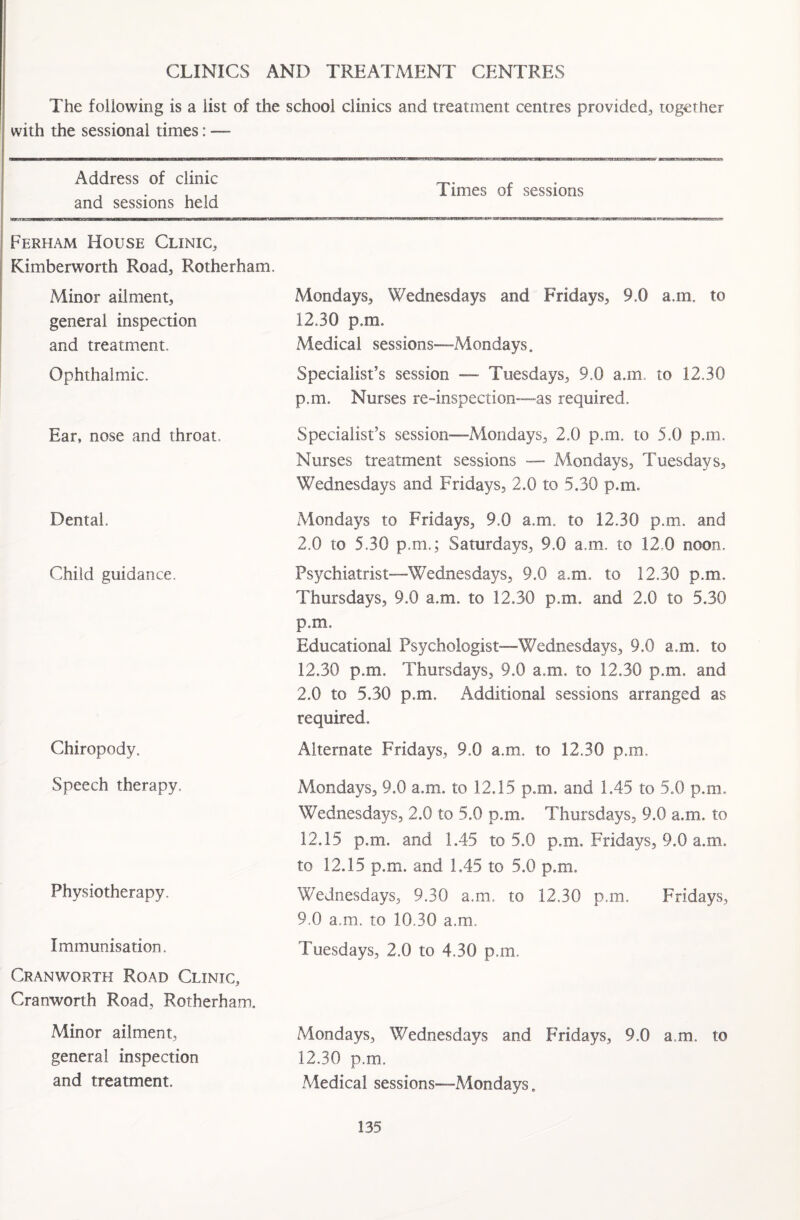 CLINICS AND TREATMENT CENTRES The following is a list of the school clinics and treatment centres provided, together with the sessional times: —- Address of clinic and sessions held Times of sessions Ferham House Clinic, Kimberworth Road, Rotherham. Minor ailment, general inspection and treatment. Ophthalmic. Mondays, Wednesdays and Fridays, 9.0 a.m. to 12.30 p.m. Medical sessions—-Mondays. Specialist’s session — Tuesdays, 9,0 a.m. to 12.30 p.m. Nurses re-inspection—as required. Ear, nose and throat. Specialist’s session-—Mondays, 2.0 p.m. to 5.0 p.m. Nurses treatment sessions — Mondays, Tuesdays, Wednesdays and Fridays, 2.0 to 5.30 p.m. Dental. Mondays to Fridays, 9.0 a.m. to 12.30 p.m. and 2.0 to 5.30 p.m.; Saturdays, 9.0 a.m. to 12 0 noon. Child guidance. Psychiatrist—Wednesdays, 9.0 a.m. to 12,30 p.m. Thursdays, 9.0 a.m. to 12.30 p.m. and 2.0 to 5.30 p.m. Educational Psychologist—Wednesdays, 9.0 a.m. to 12.30 p.m. Thursdays, 9.0 a.m. to 12.30 p.m. and 2.0 to 5.30 p.m. Additional sessions arranged as required. Chiropody. Alternate Fridays, 9.0 a.m. to 12.30 p.m. Speech therapy. Mondays, 9.0 a.m. to 12.15 p.m. and 1.45 to 5.0 p.m. Wednesdays, 2.0 to 5.0 p.m, Thursdays, 9.0 a.m. to 12.15 p.m. and 1.45 to 5.0 p.m. Fridays, 9,0 a.m. to 12.15 p.m. and 1.45 to 5.0 p.m. Physiotherapy. Wednesdays, 9.30 a.m. to 1230 p.m. Fridays, 9.0 a.m. to 10.30 a.m. Immunisation. Cranworth Road Clinic, Cranworth Road, Rotherham. Minor ailment, general inspection and treatment. Tuesdays, 2.0 to 4.30 p.m, Mondays, Wednesdays and Fridays, 9.0 a.m. to 12.30 p.m. Medical sessions—Mondays.