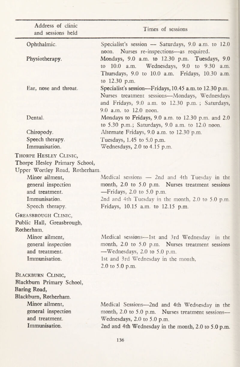 and sessions held Times of sessions Ophthalmic. Physiotherapy. Ear, nose and throat. Dental. Chiropody. Speech therapy. Immunisation. Specialist’s session — Saturdays, 9.0 a.m. to 12.0 noon. Nurses re-inspections—as required. Mondays, 9.0 a.m. to 12.30 p.m. Tuesdays, 9.0 to 10.0 a.m. Wednesdays, 9.0 to 9.30 a.m. Thursdays, 9.0 to 10.0 a.m. Fridays, 10.30 a.m. to 12.30 p.m. Specialist’s session—Fridays, 10.45 a.m. to 12.30 p.m. Nurses treatment sessions—Mondays, Wednesdays and Fridays, 9.0 a.m. to 12.30 p.m. ; Saturdays, 9.0 a.m. to 12.0 noon. Mondays to Fridays, 9.0 a.m. to 12.30 p.m. and 2.0 to 5.30 p.m.; Saturdays, 9.0 a.m. to 12,0 noon. Alternate Fridays, 9.0 a.m. to 12.30 p.m. Tuesdays, 1.45 to 5.0 p.m. Wednesdays, 2.0 to 4.15 p.m. Thorpe Hesley Clinic, Thorpe Hesley Primary School, Upper Wortley Road, Rotherham, Minor ailment, general inspection and treatment. Immunisation. Speech therapy. Medical sessions — 2nd and 4th Tuesday in the month, 2.0 to 5.0 p.m. Nurses treatment sessions —Fridays, 2.0 to 5.0 p.m. 2nd and 4th Tuesday in the month, 2.0 to 5.0 p.m. Fridays, 10.15 a.m. to 12.15 p.m. Greasbrough Clinic, Public Hall, Greasbrough, Rotherham. Minor ailment, general inspection and treatment. Immunisation. Medical sessions—1st and 3rd Wednesday in the month, 2.0 to 5.0 p.m. Nurses treatment sessions —-Wednesdays, 2.0 to 5.0 p.m. 1st and 3rd Wednesday in the month, 2.0 to 5.0 p.m. Blackburn Clinic, Blackburn Primary School, Baring Road, Blackburn, Rotherham. Minor ailment, general inspection and treatment. Immunisation. Medical Sessions—2nd and 4th Wednesday in the month, 2.0 to 5.0 p.m. Nurses treatment sessions— Wednesdays, 2.0 to 5.0 p.m. 2nd and 4th Wednesday in the month, 2.0 to 5.0 p.m.