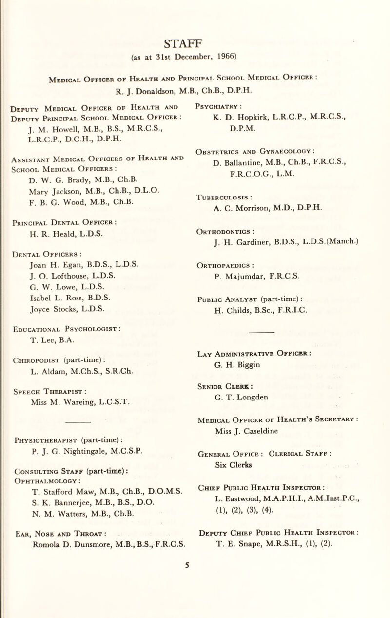 STAFF (as at 31st December, 1966) Medical Officer of Health and Principal School Medical Officer : R. I. Donaldson, M.B., Ch.B., D.P.H. Deputy Medical Officer of Health and Deputy Principal School Medical Officer : J. M. Howell, M.B., B.S., M.R.C.S., L.R.C.P., D.C.H., D.P.H. Assistant Medical Officers of Health and School Medical Officers : D. W. G. Brady, M.B., Ch.B. Mary Jackson, M.B., Ch.B., D.L.O. F. B. G. Wood, M.B., Ch.B. Principal Dental Officer : H. R. Heald, L.D.S. Dental Officers : Joan H. Egan, B.D.S., L.D.S. J. O. Lofthouse, L.D.S. G. W. Lowe, L.D.S. Isabel L. Ross, B.D.S. Joyce Stocks, L.D.S. Psychiatry : K. D. Hopkirk, L.R.C.P., M.R.G.S., D.P.M. Obstetrics and Gynaecology : D. Ballantine, M.B., Ch.B., F.R C.S., F.R.C.O.G., L.M. Tuberculosis : A. C. Morrison, M.D., D.P.H. Orthodontics : J. H. Gardiner, B.D.S., L.D.S.(Manrh.) Orthopaedics : P. Majumdar, F.R.C.S. Public Analyst (part-time): H. Childs, B.Sc., F.R.I.C. Educational Psychologist : T. Lee, B.A. Chiropodist (part-time): L. Aldam, M.Ch.S., S.R.Ch. Speech Therapist: Miss M. Wareing, L.C.S.T. Physiotherapist (part-time): P. J. G. Nightingale, M.C.S.P. Consulting Staff (part-time): Ophthalmology: T. Stafford Maw, M.B., Ch.B., D.O.M.S. S. K. Bannerjee, M.B., B.S., D.O. N. M. Watters, M.B., Ch.B. Lay Administrative Officer : G. H. Biggin Senior Clerk: G. T. Longden Medical Officer of Health’s Secretary : Miss J. Caseldine General Office : Clerical Staff : Six Clerks Chief Public Health Inspector : L. Eastwood, M.A.P.H.I., A.M.Inst.P.C., (1), (2), (3), (4). Ear, Nose and Throat : Romola D. Dunsmore, M.B., B.S., F.R.C.S. 5 Deputy Chief Public Health Inspector : T. E. Snape, M.R.S.H., (1), (2).
