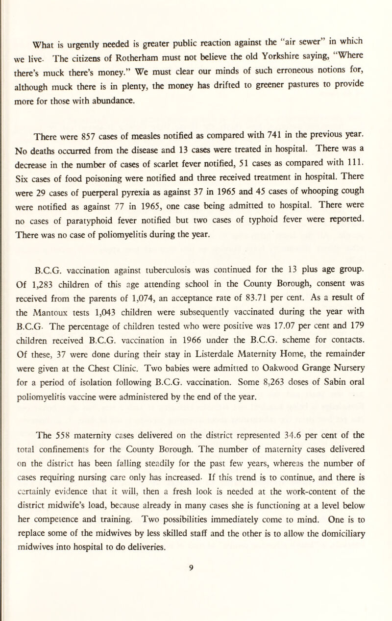 What is urgently needed is greater public reaction against the “air sewer” in which we live- The citizens of Rotherham must not believe the old Yorkshire saying, “Where there’s muck there’s money.” We must clear our minds of such erroneous notions for, although muck there is in plenty, the money has drifted to greener pastures to provide more for those with abundance. There were 857 cases of measles notified as compared with 741 in the previous year. No deaths occurred from the disease and 13 cases were treated in hospital. There was a decrease in the number of cases of scarlet fever notified, 51 cases as compared with 111. Six cases of food poisoning were notified and three received treatment in hospital. There were 29 cases of puerperal pyrexia as against 37 in 1965 and 45 cases of whooping cough were notified as against 77 in 1965, one case being admitted to hospital. There were no cases of paratyphoid fever notified but two cases of typhoid fever were reported. There was no case of poliomyelitis during the year. B.C.G. vaccination against tuberculosis was continued for the 13 plus age group. Of 1,283 children of this age attending school in the County Borough, consent was received from the parents of 1,074, an acceptance rate of 83.71 per cent. As a result of the Mantoux tests 1,043 children were subsequently vaccinated during the year with B.C.G- The percentage of children tested who were positive was 17.07 per cent and 179 children received B.C.G. vaccination in 1966 under the B.C.G. scheme for contacts. Of these, 37 were done during their stay in Listerdale Maternity Home, the remainder were given at the Chest Clinic. Two babies were admitted to Oakwood Grange Nursery for a period of isolation following B.C.G. vaccination. Some 8,263 doses of Sabin oral poliomyelitis vaccine were administered by the end of the year. The 558 maternity cases delivered on the district represented 34.6 per cent of the total confinements for the County Borough. The number of maternity cases delivered on the district has been falling steadily for the past few years, whereas the number of cases requiring nursing care only has increased- If this trend is to continue, and there is certainly evidence that it will, then a fresh look is needed at the work-content of the district midwife’s load, because already in many cases she is functioning at a level below her competence and training. Two possibilities immediately come to mind. One is to replace some of the midwives by less skilled staff and the other is to allow the domiciliary midwives into hospital to do deliveries.