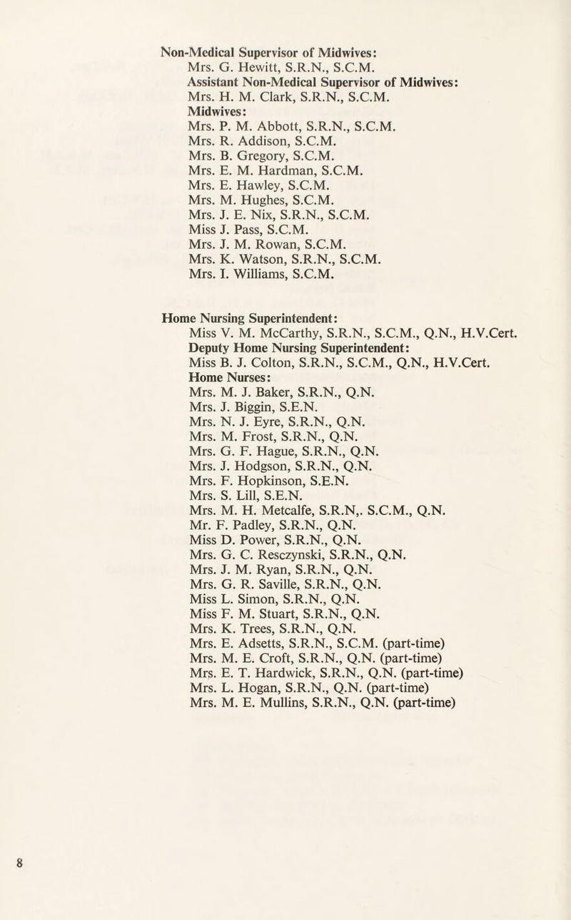 Non-Medical Supervisor of Midwives: Mrs. G. Hewitt, S.R.N., S.C.M. Assistant Non-Medical Supervisor of Midwives: Mrs. H. M. Clark, S.R.N., S.C.M. Midwives: Mrs. P. M. Abbott, S.R.N., S.C.M. Mrs. R. Addison, S.C.M. Mrs. B. Gregory, S.C.M. Mrs. E. M. Hardman, S.C.M. Mrs. E. Hawley, S.C.M. Mrs. M. Hughes, S.C.M. Mrs. J. E. Nix, S.R.N., S.C.M. Miss J. Pass, S.C.M. Mrs. J. M. Rowan, S.C.M. Mrs. K. Watson, S.R.N., S.C.M. Mrs. I. Williams, S.C.M. Home Nursing Superintendent: Miss V. M. McCarthy, S.R.N., S.C.M., Q.N., H.V.Cert. Deputy Home Nursing Superintendent: Miss B. J. Colton, S.R.N., S.C.M., Q.N., H.V.Cert. Home Nurses: Mrs. M. J. Baker, S.R.N., Q.N. Mrs. J. Biggin, S.E.N. Mrs. N. J. Eyre, S.R.N., Q.N. Mrs. M. Frost, S.R.N., Q.N. Mrs. G. F. Hague, S.R.N., Q.N. Mrs. J. Hodgson, S.R.N., Q.N. Mrs. F. Hopkinson, S.E.N. Mrs. S. Li 11, S.E.N. Mrs. M. H. Metcalfe, S.R.N,. S.C.M., Q.N. Mr. F. Padley, S.R.N., Q.N. Miss D. Power, S.R.N., Q.N. Mrs. G. C. Resczynski, S.R.N., Q.N. Mrs. J. M. Ryan, S.R.N., Q.N. Mrs. G. R. Saville, S.R.N., Q.N. Miss L. Simon, S.R.N., Q.N. Miss F. M. Stuart, S.R.N., Q.N. Mrs. K. Trees, S.R.N., Q.N. Mrs. E. Adsetts, S.R.N., S.C.M. (part-time) Mrs. M. E. Croft, S.R.N., Q.N. (part-time) Mrs. E. T. Hardwick, S.R.N., Q.N. (part-time) Mrs. L. Hogan, S.R.N., Q.N. (part-time) Mrs. M. E. Mullins, S.R.N., Q.N. (part-time)