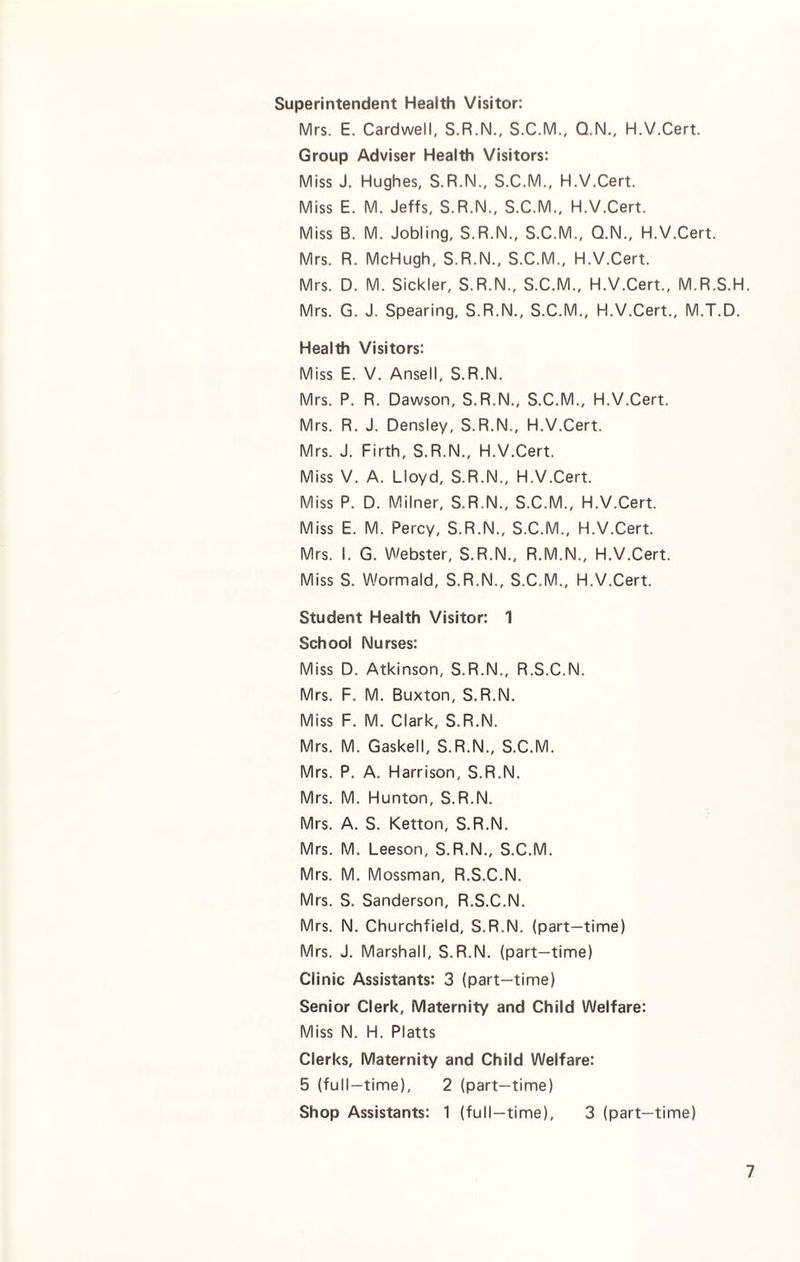 Superintendent Health Visitor: Mrs. E. Cardwell, S.R.N., S.C.M., Q.N., H.V.Cert. Group Adviser Health Visitors: Miss J. Hughes, S.R.N., S.C.M., H.V.Cert. Miss E. M. Jeffs, S.R.N., S.C.M., H.V.Cert. Miss B. M. Jobling, S.R.N., S.C.M., Q.N., H.V.Cert. Mrs. R. McHugh, S.R.N., S.C.M., H.V.Cert. Mrs. D. M. Sickler, S.R.N., S.C.M., H.V.Cert., M.R.S.H. Mrs. G. J. Spearing, S.R.N., S.C.M., H.V.Cert., M.T.D. Health Visitors: Miss E. V. Ansell, S.R.N. Mrs. P. R. Dawson, S.R.N., S.C.M., H.V.Cert. Mrs. R. J. Densley, S.R.N,, H.V.Cert. Mrs. J. Firth, S.R.N., H.V.Cert. Miss V. A. Lloyd, S.R.N., H.V.Cert. Miss P. D. Milner, S.R.N., S.C.M., H.V.Cert. Miss E. M. Percy, S.R.N., S.C.M., H.V.Cert. Mrs. I. G. Webster, S.R.N., R.M.N., H.V.Cert. Miss S. Wormald, S.R.N., S.C.M., H.V.Cert. Student Health Visitor: 1 School Nurses: Miss D. Atkinson, S.R.N., R.S.C.N. Mrs. F. M. Buxton, S.R.N. Miss F. M. Clark, S.R.N. Mrs. M. Gaskell, S.R.N., S.C.M. Mrs. P. A. Harrison, S.R.N. Mrs. M. Hunton, S.R.N. Mrs. A. S. Ketton, S.R.N. Mrs. M. Leeson, S.R.N., S.C.M. Mrs. M. Mossman, R.S.C.N. Mrs. S. Sanderson, R.S.C.N. Mrs. N. Churchfield, S.R.N. (part-time) Mrs. J. Marshall, S.R.N. (part-time) Clinic Assistants: 3 (part-time) Senior Clerk, Maternity and Child Welfare: Miss N. H. Platts Clerks, Maternity and Child Welfare: 5 (full-time), 2 (part-time) Shop Assistants: 1 (full-time), 3 (part-time)