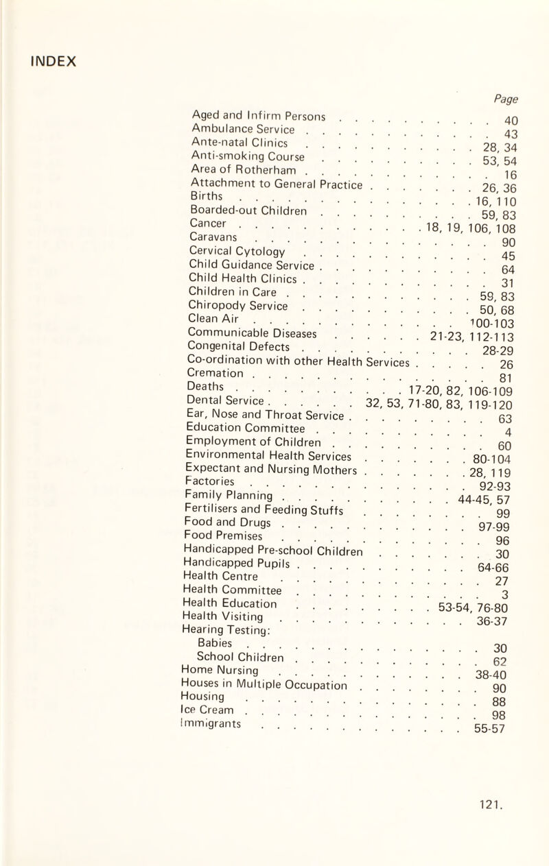 INDEX Practice 18, 19, Aged and Infirm Persons Ambulance Service . Ante-natal Clinics Anti-smoking Course Area of Rotherham . Attachment to General Births. Boarded-out Children Cancer . Caravans .... Cervical Cytology Child Guidance Service Child Health Clinics . Children in Care . Chiropody Service . Clean Air .... Communicable Diseases. Congenital Defects. Co-ordination with other Health Services Cremation. Deaths.17-20,82 Dental Service. 32,53,71-80,83 Ear, Nose and Throat Service. Education Committee. Employment of Children. Environmental Health Services Expectant and Nursing Mothers Factories. Family Planning. Fertilisers and Feeding Stuffs Food and Drugs. Food Premises. Handicapped Pre-school Children Handicapped Pupils. Health Centre . Health Committee .... Health Education. Health Visiting. Hearing Testing: Babies. School Children. Home Nursing. Houses in Multiple Occupation Housing . Ice Cream. immigrants . . Page . 40 . 43 28, 34 53, 54 . 16 26, 36 16, 110 59, 83 06, 108 . 90 . 45 64 . 31 59, 83 50, 68 . . 100-103 21-23, 112-113 . . . 28-29 . . . . 26 • ... 81 106-109 119-120 . 63 4 . 60 80-104 28, 119 92-93 4-45, 57 . 99 97-99 . 96 . 30 64-66 . 27 3 53-54, 76-80 36-37 . 30 . 62 38-40 . 90 . 88 . 98 55-57