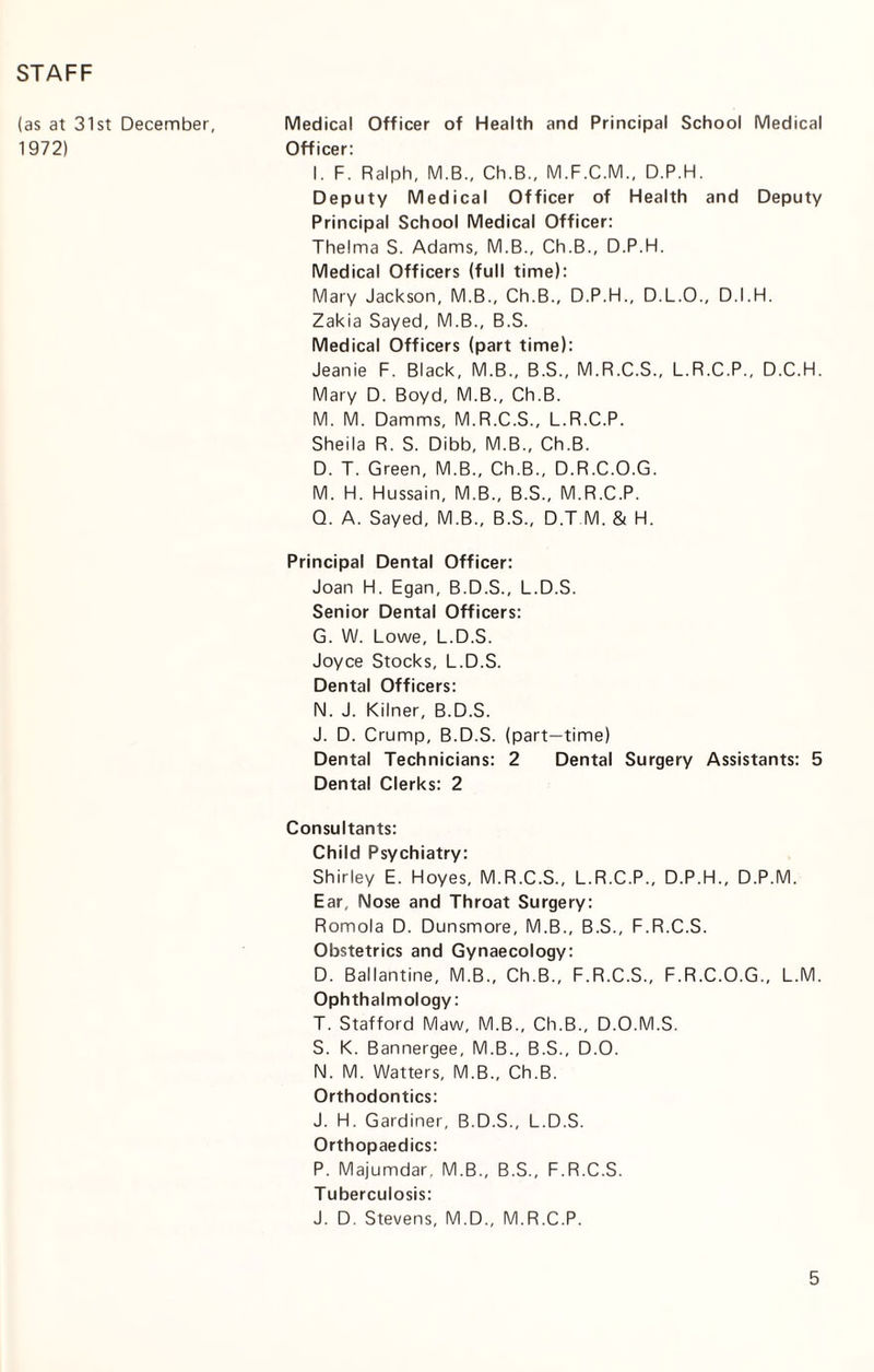 STAFF (as at 31st December, Medical Officer of Health and Principal School Medical 1972) Officer: I. F. Ralph, M.B., Ch.B., M.F.C.M., D.P.H. Deputy Medical Officer of Health and Deputy Principal School Medical Officer: Thelma S. Adams, M.B., Ch.B., D.P.H. Medical Officers (full time): Mary Jackson, M.B., Ch.B., D.P.H., D.L.O., D.I.H. Zakia Sayed, M.B., B.S. Medical Officers (part time): Jeanie F. Black, M.B., B.S., M.R.C.S., L.R.C.P., D.C.H. Mary D. Boyd, M.B., Ch.B. M. M. Damms, M.R.C.S., L.R.C.P. Sheila R. S. Dibb, M.B., Ch.B. D. T. Green, M.B., Ch.B., D.R.C.O.G. M. H. Hussain, M.B., B.S., M.R.C.P. Q. A. Sayed, M.B., B.S., D.T.M. & H. Principal Dental Officer: Joan H. Egan, B.D.S., L.D.S. Senior Dental Officers: G. W. Lowe, L.D.S. Joyce Stocks, L.D.S. Dental Officers: N. J. Kilner, B.D.S. J. D. Crump, B.D.S. (part-time) Dental Technicians: 2 Dental Surgery Assistants: 5 Dental Clerks: 2 Consultants: Child Psychiatry: Shirley E. Hoyes, M.R.C.S., L.R.C.P., D.P.H., D.P.M. Ear, Nose and Throat Surgery: Romola D. Dunsmore, M.B., B.S., F.R.C.S. Obstetrics and Gynaecology: D. Ballantine, M.B., Ch.B., F.R.C.S., F.R.C.O.G., L.M. Ophthalmology: T. Stafford Maw, M.B., Ch.B., D.O.M.S. S. K. Bannergee, M.B., B.S., D.O. N. M. Watters, M.B., Ch.B. Orthodontics: J. H. Gardiner, B.D.S., L.D.S. Orthopaedics: P. Majumdar. M.B., B.S., F.R.C.S. Tuberculosis: J. D. Stevens, M.D., M.R.C.P.
