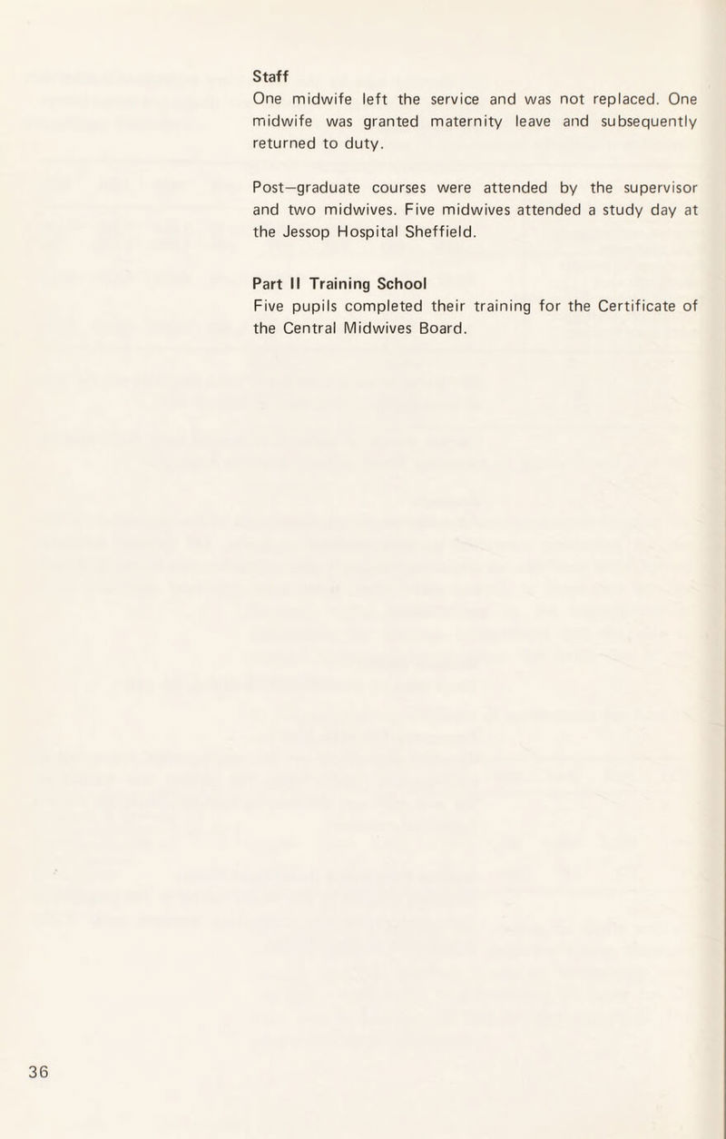 Staff One midwife left the service and was not replaced. One midwife was granted maternity leave and subsequently returned to duty. Post-graduate courses were attended by the supervisor and two midwives. Five midwives attended a study day at the Jessop Hospital Sheffield. Part II Training School Five pupils completed their training for the Certificate of the Central Midwives Board.