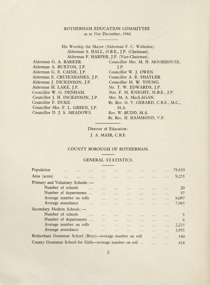 ROTHERHAM EDUCATION COMMITTEE as at 31st December, 1946. His Worship the Mayor (Alderman F. C. Wofinden). Alderman S. HALL, O.B.E., J.P. (Chairman). Alderman F. HARPER, J.P. (Vice-Chairman). Alderman G. A. BARKER. Alderman A. BUXTON, J.P. Alderman G. E. CAINE, J.P. Alderman E. CRUIKSHANKS, J.P. Alderman J. DICKINSON, J.P. Alderman H. LAKE, J.P. Councillor W. G. DENHAM. Councillor J. H. DICKINSON, J.P. Councillor F. DUKE. Councillor Mrs. F. L. GREEN, J.P. Councillor D. J. S. MEADOWS. Councillor Mrs. M. H. MOoRHOUSE, J.P. Councillor W. J. OWEN. Councillor A. R. SHAYLER. Councillor M. W. YOUNG. Mr. T. W. EDWARDS, J.P. Mrs. F. M. KNIGHT, M.B.E., J.P. Mrs. M. A, MacLAGAN. Rt. Rev. G. V. GERARD, C.B.E., M.C., M.A. Rev. W. BUDD, M.A. Rt. Rev. H. FIAMMOND, V.F. Director of Education: J. A. MAIR, C.B.E. COUNTY BOROUGH OF ROTHERHAM. GENERAL STATISTICS. Population ... ... ... ... ... ... ... ... ... 78,610 Area (acres) ... .. .. 9,255 Primary and Voluntary Schools: — Number of schools .. 20 Number of departments .. .. ... 37 Average number on rolls . 9,097 Average attendance . 7,985 Secondary Modern Schools: — Number of schools .. 3 Number of departments .. 6 Average number on rolls ... 2,215 Average attendance . 1,931 Rotherham Grammar School (Boys)—-average number on roll ... ... 540 County Grammar School for Girls—average number on roll ... ... ... 618
