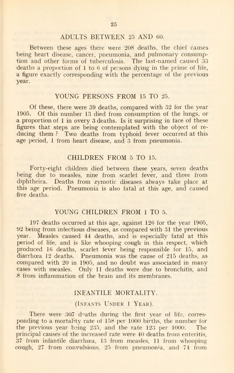 ADULTS BETWEEN 25 AND 60. Between these ages there were 208 deaths, the chief causes being heart disease, cancer, pneumonia, and pulmonary consump¬ tion and other forms of tuberculosis. The last-named caused 33 deaths a proportion of 1 to 6 of persons dying in the prime of life, a figure exactly corresponding with the percentage of the previous year. YOUNG PERSONS FROM 15 TO 25. Of these, there were 39 deaths, compared with 32 for the year 1905. Of this number 13 died from consumption of the lungs, or a proportion of 1 in overy 3 deaths. Is it surprising in face of these figures that steps are being contemplated with the object of re¬ ducing them ? Two deaths from typhoid fever occurred at this age period, 1 from heart disease, and 3 from pneumonia. CHILDREN FROM 5 TO 15. Forty-eight children died between these years, seven deaths being due to measles, nine from scarlet fever, and three from diphtheira. Deaths from zymotic diseases always take place at this age period. Pneumonia is also fatal at this age, and caused five deaths. YOUNG CHILDREN FROM 1 TO 5. 197 deaths occurred at this age, against 126 for the year 1905, 92 being from infectious diseases, as compared with 31 the previous year. Measles caused 44 deaths, and is especially fatal at this period of life, and is like whooping cough in this respect, which produced 16 deaths, scarlet fever being responsible for 15, and diarrhoea 12 deaths. Pneumonia was the cause of 215 deaths, as compared with 20 in 1905, and no doubt was associated in many cases with measles. Only 11 deaths were due to bronchitis, and 8 from inflammation of the brain and its membranes. INFANTILE MORTALITY. (Infants Under I Year). There were 307 deaths during the first year of life, corres¬ ponding to a mortality rate of 158 per 1000 births, the number for the previous year being 235, and the rate 123 per 1000. The principal causes of the increased rate were 40 deaths from enteritis, 37 from infantile diarrhoea, 13 from measles, 11 from whooping cough, 27 from convulsions, 25 from pneumonia, and 74 from