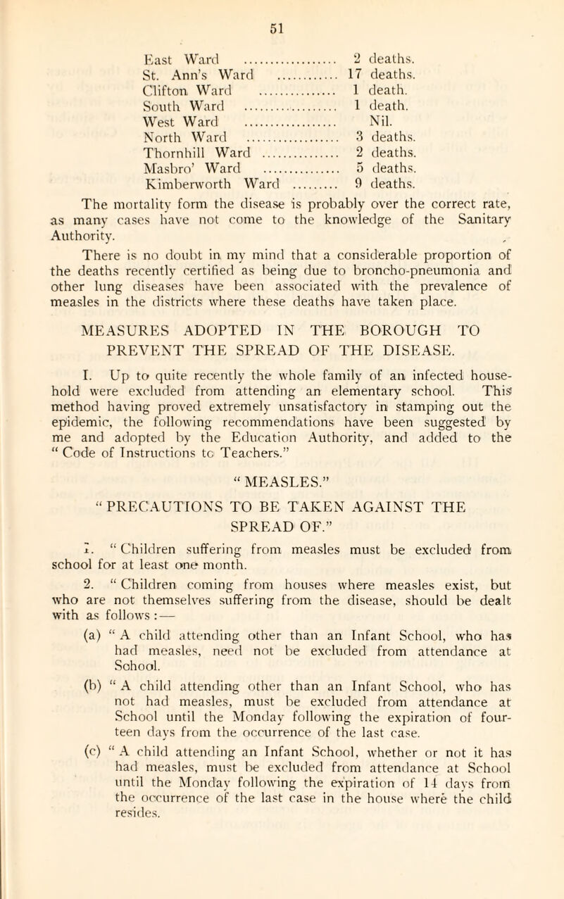 East Ward . 2 deaths. St. Ann’s Ward . 17 deaths. Clifton Ward . 1 death. South Ward . 1 death. West Ward . Nil. North Ward . 3 deaths. Thornhill Ward . 2 deaths. Masbro’ Ward . 5 deaths. Kimberworth Ward . 9 deaths. The mortality form the disease is probably over the correct rate, as many cases have not come to the knowledge of the Sanitary Authority. There is no doubt in, my mind that a considerable proportion of the deaths recently certified as being due to broncho-pneumonia and other lung diseases have been associated with the prevalence of measles in the districts where these deaths have taken place. MEASURES ADOPTED IN THE BOROUGH TO PREVENT THE SPREAD OF THE DISEASE. I. Up to quite recently the whole family of an infected house¬ hold were excluded from attending an elementary school. This method having proved extremely unsatisfactory in stamping out the epidemic, the following recommendations have been suggested1 by me and adopted by the Education Authority, and added tO' the “ Code of Instructions to Teachers.” “ MEASLES.” “ PRECAUTIONS TO BE TAKEN AGAINST THE SPREAD OF.” 1. “Children suffering from measles must be excluded1 from school for at least one month. 2. “ Children coming from houses where measles exist, but who are not themselves suffering from the disease, should be dealt with as follows : — (a) “ A child attending other than an Infant School, who has had measles, need not be excluded from attendance at Sohool. (b) “ A child attending other than an Infant School, who has not had measles, must be excluded from attendance at School until the Monday following the expiration of four¬ teen days from the occurrence of the last case. (c) “ A child attending an Infant School, whether or not it has had measles, must be excluded from attendance at School until the Monday following the expiration of 14 days from the occurrence of the last case in the house where the child resides.