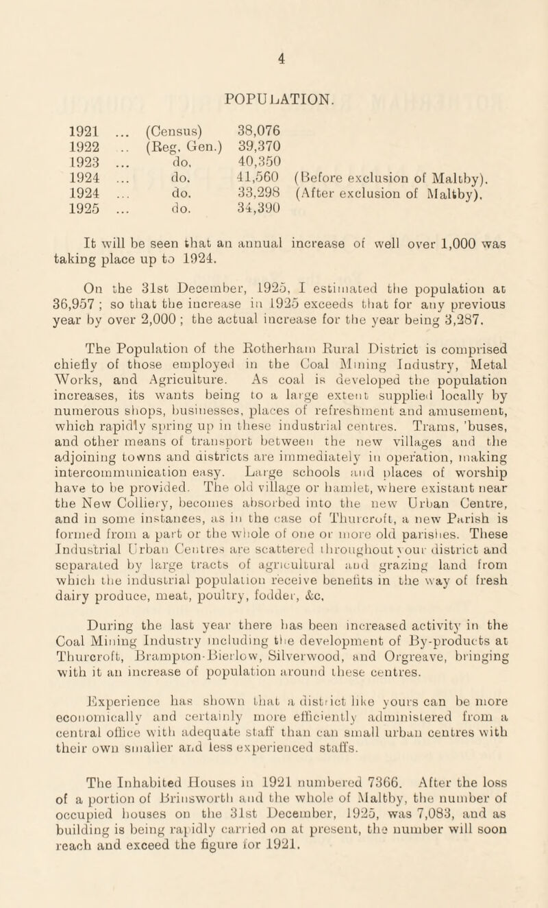 POPULATION. 1921 1922 1923 1924 1924 1925 (Census) 38,076 (Reg, Gen.) 39,370 do. 40,350 do. 41,560 (Before exclusion of Maltby). do. 33,298 (After exclusion of Maltby), do. 34,390 It will be seen that an annual increase of well over 1,000 was taking place up to 1924. On the 31st December, 1925, I estimated the population at 36,957 ; so that the iucrease in 1925 exceeds that for any previous year by over 2,000 ; the actual increase for the year being 3,287. The Population of the Rotherham Rural District is comprised chiefly of those employed in the Coal Mining Industry, Metal Works, and Agriculture. As coal is developed the population increases, its wants being to a large extent supplied locally by numerous shops, businesses, places of refreshment and amusement, which rapidly spring up in these industrial centres. Trams, ’buses, and other means of transport between the new villages and the adjoining towns and districts are immediately in operation, making intercommunication easy. Large schools and places of worship have to be provided. The old village or hamlet, where existant near the New Colliery, becomes absorbed into the new Urban Centre, and in some instances, as in the case of Thurcroft, a new Parish is formed from a part or the whole of one or more old parishes. These Industrial Urban Centres are scattered throughout your district and separated by large tracts of agricultural and grazing land from which the industrial population receive benefits in the way of fresh dairy produce, meat, poultry, fodder, &c. During the last year there has been increased activity in the Coal Mining Industry including the development of By-products at Thurcroft, Brampton-Bierlow, Silverwood, and Orgreave, bringing with it an increase of population around these centres. Experience has shown that a district like yours can be more economically and certainly more efficiently administered from a central office with adequate staff than can small urban centres with their own smaller and less experienced staffs. The Inhabited Houses in 1921 numbered 7366. After the loss of a portion of Brinsworth and the whole of .Maltby, the number of occupied bouses on the 31st December, 1925, was 7,083, aud as building is being rapidly carried on at present, the number will soon reach and exceed the figure for 1921.