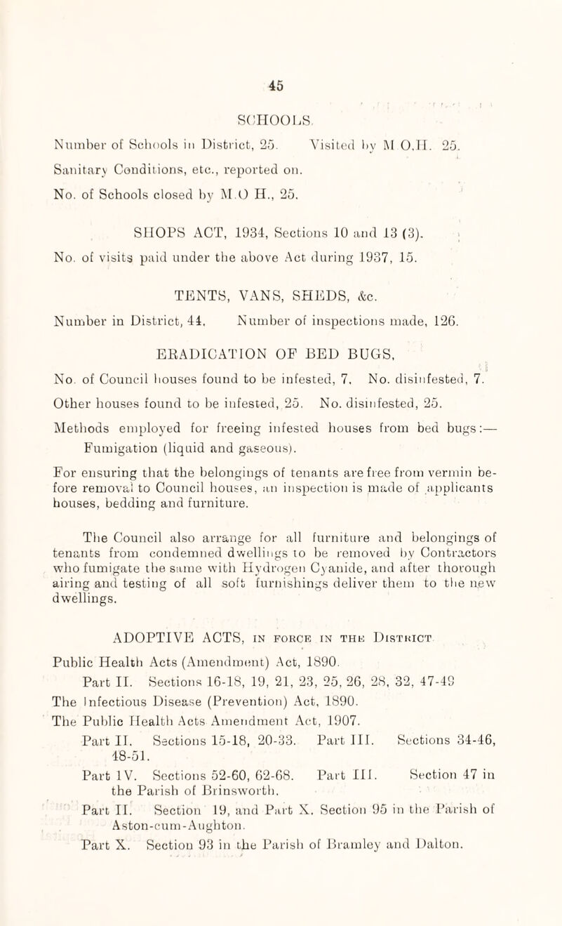 SCHOOLS. Number of Schools in District, 25. Visited by !\l 0,11. 25. Sanitary Conditions, etc., reported on. No. of Schools closed by M O H., 25. SHOPS ACT, 1934, Sections 10 and 13 (3). No. of visits paid under the above Act during 1937, 15. TENTS, VANS, SHEDS, &c. Number in District, 44, Number of inspections made, 126. ERADICATION OF BED BUGS, No of Council houses found to be infested, 7, No. disinfested, 7. Other houses found to be infested, 25. No. disinfested, 25. Methods employed for freeing infested houses from bed bugs:— Fumigation (liquid and gaseous). For ensuring that the belongings of tenants are free from vermin be¬ fore removal to Council houses, an inspection is made of applicants houses, bedding and furniture. The Council also arrange for all furniture and belongings of tenants from condemned dwellings to be removed by Contractors who fumigate the same with Hydrogen Cyanide, and after thorough airing and testing of all soft furnishings deliver them to the new dwellings. ADOPTIVE ACTS, in force in the District Public Health Acts (Amendment) Act, 1890. Part II. Sections 16-18, 19, 21, 23, 25, 26, 28, 32, 47-49 The Infectious Disease (Prevention) Act, 1890. The Public Health Acts Amendment Act, 1907. Part II. Sections 15-18, 20-33. Part III. Sections 34-46, 48-51. Part IV. Sections 52-60, 62-68. Part III. Section 47 in the Parish of Brinsworth. Part II. Section 19, and Part X. Section 95 in the Parish of Aston-cum-Aughton. Part X. Section 93 in the Parish of Bramley and Dalton.