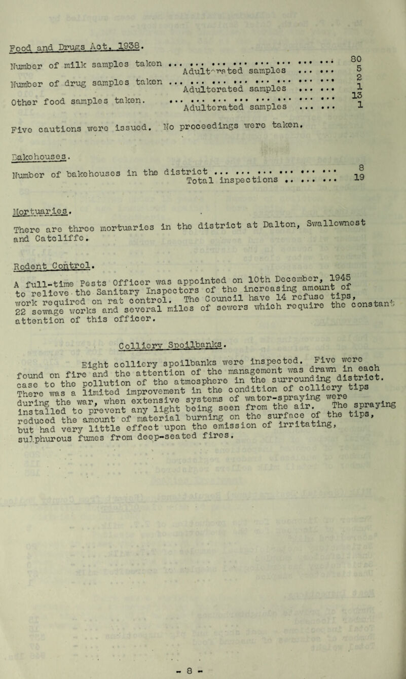 Food and Driip:3 Aot, 1958» NuiribG]? of milk samples taken Number of driig samples taken Other food samples taken. Ad'ult'rated samples Adulterated samples Adulterated samples Five cautions were issued. No proceedings were taken. 80 5 2 1 13 1 Dako houses,. Number of bakehouses in the district Total inspections 8 19 Mortuaries, There are throe mortuaries in and Catcliffo. the district at Dalton, Swallownost Rodent Control. A full-time Pests Officer was appointed on 10th December, 1945 the Sanitary Inspectors of the increasing amount of attention of this officer. Colliery Snoilbanks. Eisht colliery spoilbanks were inspected. Five were found on fire Ind the attention of the manageraont was drawn In each case to tho pollution of tho atmosphere m the  There was a limited improvement in the condition of ^ during the war, when extensive systems of mu^ spraying installed to prevent any light being seen from the ai . 4-1 ^ reduced the amount of material burning on the ' but had very little effect upon tho^emission of irritating, sulphurous fumes from deep-seated fires.