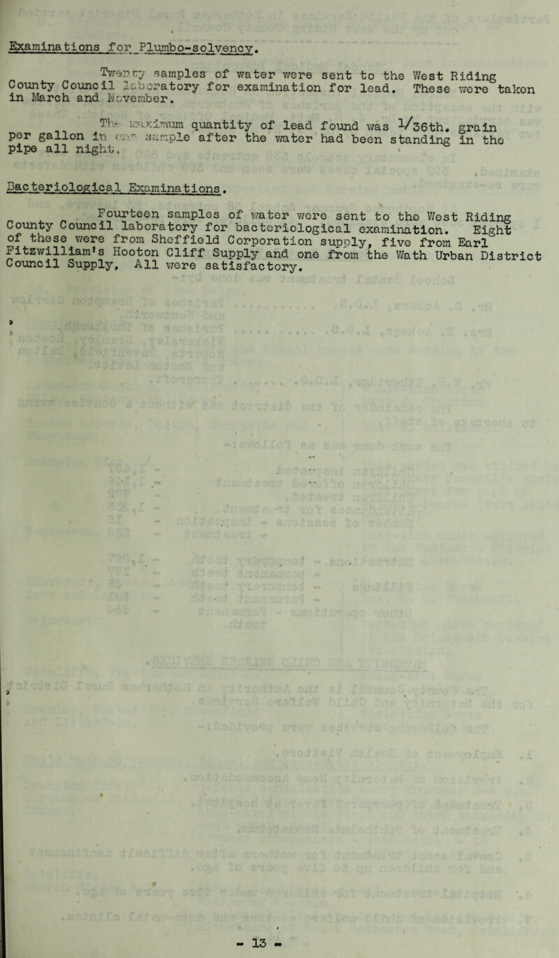 Examinations for Plumbo-soIvency, Tv/enr,y samples of water v/ere sent to the West Riding County Council ^GOoratory for examination for lead. These were taken in Ivlarch and hevember. Th- ii:a.x;irmAm quantity of lead found was Vscth. grain per gallon in cy.-- sample after the water had been standing in the pipe all night. Dacteriological Examinations. Fourteen samples of \7ater v/ere sent to the West Riding County Council laboratory for bacteriological examination. Eight of these were from Sheffield Corporation supply, five from Earl Fitzwilliam*s Hooton Cliff Supply and one from the Wath Urban District Council Supply, All v;ere satisfactory.