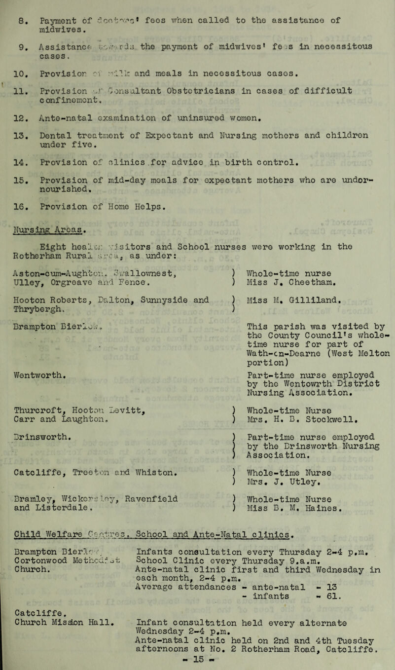 8. Payment of ® foes when called to the assistance of midwives. 9, Assistance Gewv.. cds the payment of midwives’ feos in necessitous cases. 10, Provision cv and meals in necessitous cases, 11, Provision -J' Consultant Obstetricians in cases of difficult confinement, 12, Ante-natal examination of uninsured women, 13, Dental treatment of Expectant and Nursing mothers and children under five, 14, Provision of clinics.for advice in birth control, 15, Provision of mid-day meals for expectant mothers who are under¬ nourished. 16, Provision of Home Helps. Nursing Areas. Eight healcj: visitors and School nurses v/ero working in the Rotherham Rural uvea, as under; A s t on-c um-A ught on.. 3 wa 11 ovme s t, Ulley, Orgreave and Fence. Hooton Roberts, Dalton, Sunnyside and Thrybergh. Brampton Bierlo;;, Wentworth, Thurcroft, Hooton Levitt, Carr and Laughton, Brlnsworth. Catcliffe, Treeton and Whisten. Bramley, Wickers ;.ny, Ravenfield and Llsterdale, ) Whole-time nurse ) Miss J, Cheetham, ) Miss M. Gilliland, ) This parish was visited by the County Council’s whole¬ time nurse for part of Wath-cn-Dearne (West Melton portion) Part-time nurse employed by the Wentowrth District Nursing Association. ) Whole-time Nurse ) Mrs, H, B, Stockwell, ) Part-time nurse employed ) by the Brinsv/orth Nursing ) Association. ) Whole-time Nurse ) Mrs. J, Utley, ) Whole-time Nurse ) Miss B, M, Haines, Child Welfare Ce.ntres, School and Ante-Natal clinics, Brampton Bierl'';>/. Infants consultation every Thursday 2-4 p.m, Cortonwood Methedfot School Clinic every Thursday 9,a.m, Church. Ante-natal clinic first and third Wednesday in each month, 2-4 p.m. Average attendances - ante-natal - 13 - infants - 61. Catcliffe. Church Misdjon Hall. Infant consultation held every alternate Wednesday 2-4 p.m. Ante-natal clinic held on 2nd and 4th Tuesday afternoons at No, 2 Rotherham Road, Catcliffe.