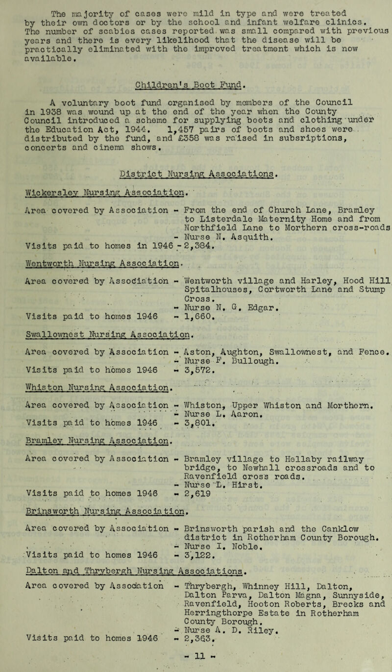 The majority of cases were mild in type and were treated by their own doctors or by the school and infant welfare clinics. The number of scabies cases reported was small compared with previous years and there is every likelihood that the disease will be ■ • practically eliminated with the improved treatment which is now available. Children^ Boot Fund. A voluntary boot fund organised by members of the Council in 1938 was wound up at the end of the year when the County Council introduced a scheme for supplying boots and clothing under the Education Act, 1944. 1,457 pairs of boot3 and shoes were . distributed by the fund, and £358 was raised in subsriptions, concerts and cinema shows. District Nursing Associations. Wickersley Nursing Association. Area covered by Association - From the end of Church Lane, Bramley to Listerdale Maternity Home and from Northfield Lane to Morthern cross-roads - Nurse N, Asquith. Visits paid to homes in 1946 -2,334. Wentworth Nursing Association. Area covered by Association - Wentworth village and Harley, Hood Hill Spitalhouses, Cortworth Lane and Stump Cross. - Nurse N, G, Edgar, Visits paid to homes 1946 - 1,660. Swallownest Nursing Association. Area covered by Association - Aston, Aughton, Swallownest, and Fence. Nurse F, Bullough. Visits paid, to homes 1946 -> 3,572. Whiston Nursing Association. ./ Area covered by Association - Whiston, Upper Whiston and Morthern, .- Nurse L, Aaron, Visits paid to homes 1946 - 3,801, Bramley Nursing Association. Area covered by Association - Bramley village to Hellaby railway - • bridge, to Newhall crossroads and to Ravenfield cross roads. - Nur se L. Hir s t. Visits paid to homes 1946 - 2,619 Brins worth Nursing Association. Area covered by Association - Brinsworth parish and the Canklow 1 district in Rotherham County Borough. - Nurse I. Noble. .Visits paid to homes 1946 - 3,122. Dalton and Thrybergh Nursing Associations. Area covered by Association - Thrybergh, Whinney Hill, Dalton, Dalton Parva, Dalton Magna, Sunnyside, ■ Ravenfield, Hoot on Roberts, Brecks and Herringthorpe Estate in Rotherham County Borough. - Nurse A. D. Riley. Visits paid to homes 1946 ~ 2,363.