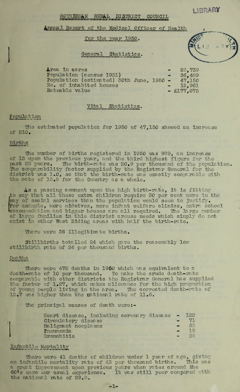 ROTHERhAM RURAL DISTRICT COUNCIL library Annual Report of tho Medical Officer of Health for the yean 1950. Gonoral Statistics. Area In acres - 28,739 Population (census 1931) - 36,489 Population (estimated) 50th June, 1950 - 47,150 No, of inhabited houses - 12,961 Rateable value - £177,075 Vital Statistics. Population Tho estimated population for 1950 of 47,150 showed an increase of 210. Births The number of births registered in 1950 was 989, an increase of 15 upon tho previous year, and the third highest figure for tho past 25 years. The birth-rate was 20.9 per thousand of the population. The comparability factor supplied by the Registrar General for the district v/as 1.0, so that tho birth-rate was exactly comparable with the rate of 15.8 for the Country as a whole. A3 a passing comment upon the high birth-rate, it is fitting to say that all those extra children require 30 per cent more in the way of social services than tho population would 3com to justify. For example, more midwives, more infant welfaro clinics, extra, school accommodation and bigger houses arc all required. Tho large number of largo families in this district arouse needs which simply do not exist in other West Riding areas with half the birth-rate. There were 36 Illegitimate births. Stillbirths totalled 24 which gave the reasonably low- stillbirth rate of 24 per thousand births. Deaths Thore wore 472 deaths in 1960 which v/as equivalent to a death-rate of 10 per thousand. To make the crude death-rate comparable with other districts tho Registrar General has supplied the factor of 1.27, which makes allowance for the high proportion of young people living in tho area. Tho corrected death-rate of 12.7 was higher than tho national rate of 11.6, Tho principal causes of death werc:- 1 Heart disease, including coronary disease Circulatory disease Malignant neoplasms Pneumonia Bronchitis 152 71 68 IS Infantlie Mortality Thore were 41 doaths of children under 1 yes.r of age, giving an infantile mortality rate of 43 per thousand births. This was a great improvement upon previous years when rates around the 60*s were our usual experience. It was still poor compared with the national rate of 29.8. 1-
