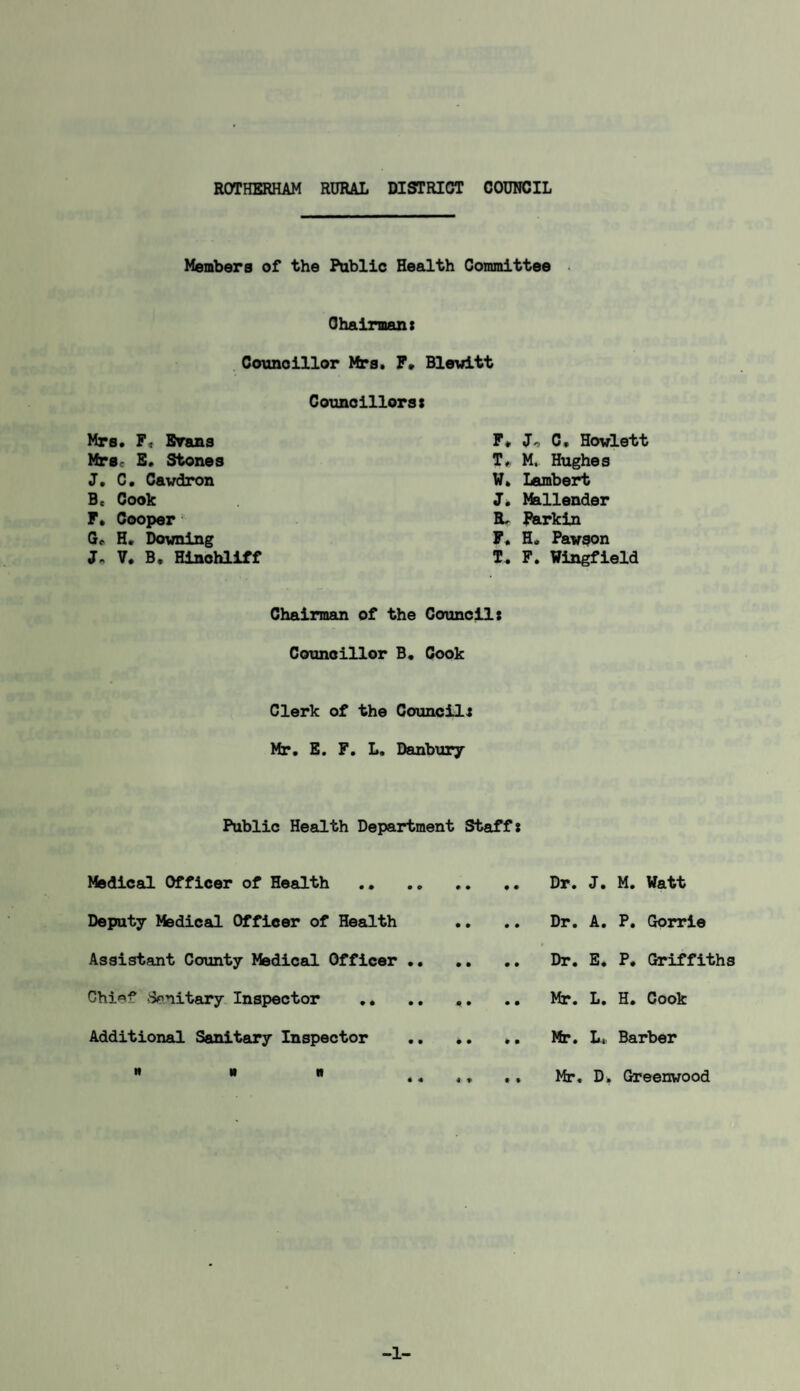 Members of the Public Health Committee Chairman: Councillor Mrs. F. Blevitt Councillors* Mrs. F, Brans Mrsc B. Stones J. C. Cawdron Be Cook F* Cooper G<- H. Downing J- V. B. Hinohliff F. J. C. Howlett T, M. Hughes W. Lambert J. Mallender Ro P&rkin F. H. Pawson T. F. Wingfield Chairman of the Council: Councillor B. Cook Clerk of the Council! Mr. E. F. L. Danbury Public Health Department Staff: Medical Officer of Health .. Deputy Medical Officer of Health Assistant County Medical Officer •• ChiAf Sanitary Inspector .. Additional Sanitary Inspector Dr. J. M. Watt Dr. A. P. Gorrie Dr. E. P. Griffiths Mr. L. H. Cook Mr. L, Barber Mr. D. Greenwood -1-