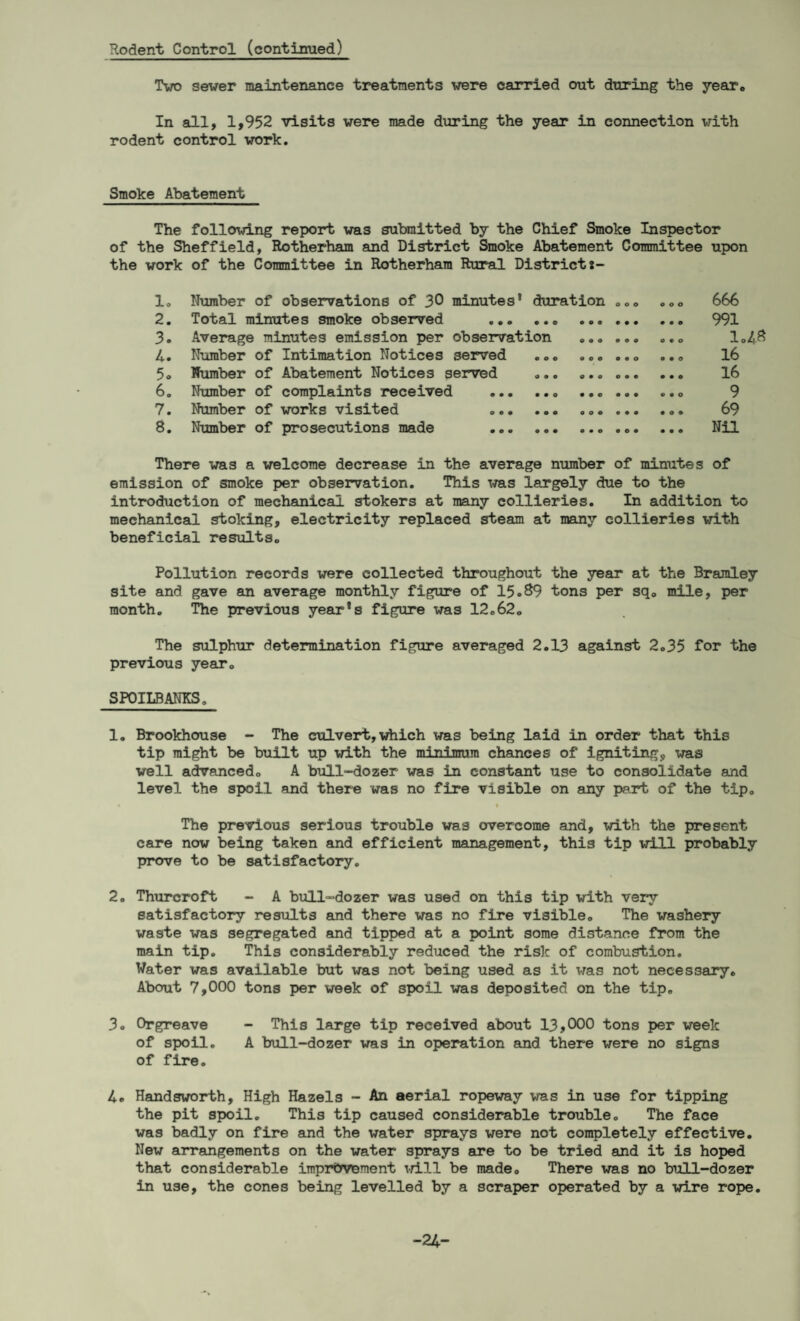 Rodent Control (continued) Tvo sewer maintenance treatments were carried out during the year. In all, 1,952 visits were made during the year in connection with rodent control work. Smoke Abatement The following report was submitted by the Chief Smoke Inspector of the Sheffield, Rotherham and District Smoke Abatement Committee upon the work of the Committee in Rotherham Rural District 1. Number of observations of 30 minutes' duration 00o 2. Total minutes smoke observed .. . 3. Average minutes emission per observation ... ... 4. Number of Intimation Notices served ... ... ..„ 5. Number of Abatement Notices served ... ... ... 6. Number of complaints received . ... ... 7. Number of works visited 8. Number of prosecutions made .. ... 666 991 1.48 16 16 9 69 Nil There was a welcome decrease in the average number of minutes of emission of smoke per observation. This was largely due to the introduction of mechanical stokers at many collieries. In addition to mechanical stoking, electricity replaced steam at many collieries with beneficial results. Pollution records were collected throughout the year at the Bramley site and gave an average monthly figure of 15.89 tons per sq. mile, per month. The previous year's figure was 12.62. The sulphur determination figure averaged 2.13 against 2.35 for the previous year. SPOILSANKS. 1. Brookhouse - The culvert, which was being laid in order that this tip might be built up with the minimum chances of igniting, was well advanced. A bull-dozer was in constant use to consolidate and level the spoil and there was no fire visible on any part of the tip. • t The previous serious trouble was overcome and, with the present care now being taken and efficient management, this tip will probably prove to be satisfactory. 2. Thurcroft - A bull-dozer was used on this tip with very satisfactory results and there was no fire visible. The washery waste was segregated and tipped at a point some distance from the main tip. This considerably reduced the risk of combustion. Water was available but was not being used as it was not necessary. About 7,000 tons per week of spoil was deposited on the tip. 3. Orgreave - This large tip received about 13,000 tons per week of spoil. A bull-dozer was in operation and there were no signs of fire. 4. Handsworth, High Hazels - An aerial ropeway was in use for tipping the pit spoil. This tip caused considerable trouble. The face was badly on fire and the water sprays were not completely effective. New arrangements on the water sprays are to be tried and it is hoped that considerable improvement will be made. There was no bull-dozer in use, the cones being levelled by a scraper operated by a wire rope. -24-