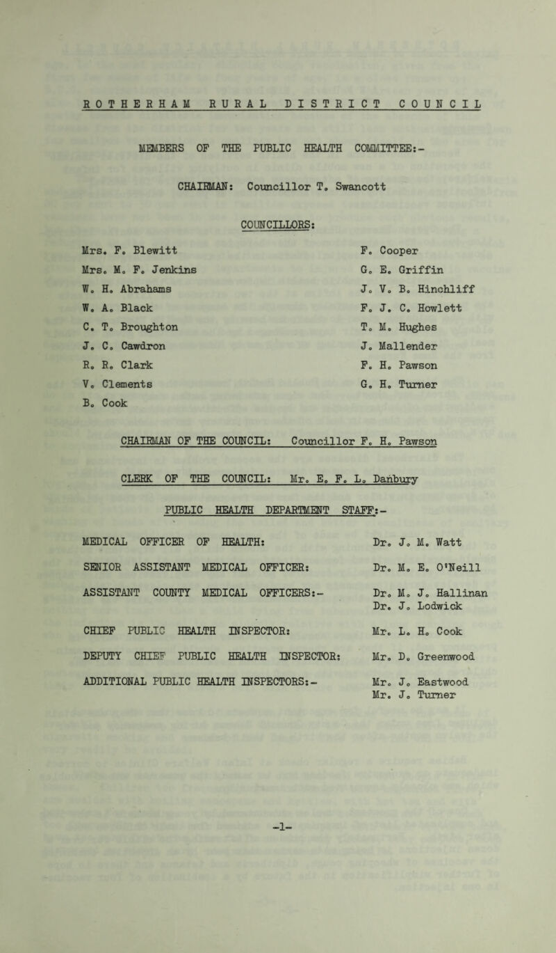 MEMBERS OF THE PUBLIC HEALTH COMMITTEE: - CHAIRMAN: Councillor T. Swancott COUNCILLORS: Mrs. F. Blewitt Mrs. M. F. Jenkins W. H. Abrahams W. A. Black C. To Broughton J. C. Cawdron Ro Ro Clark Vo Clements Bo Cook F. Cooper G„ Eo Griffin J. Vo B. Hinchliff F. J. C. Howlett To Mo Hughes Jo Mailender F. Ho Pawson Go Ho Turner CHAIRMAN OF THE COUNCIL: Councillor F. H. Pawson CLERK OF THE COUNCIL: Mr. E. F, La Danbury PUBLIC HEALTH DEPARTMENT STAFF:- MEDICAL OFFICER OF HEALTH: SENIOR ASSISTANT MEDICAL OFFICER: ASSISTANT COUNTY MEDICAL OFFICERS:- CHIEF PUBLIC HEALTH INSPECTOR: DEPUTY CHIEF PUBLIC HEALTH INSPECTOR: ADDITIONAL PUBLIC HEALTH INSPECTORS:- Dr. J. M. Watt Dr. M. Eo O'Neill Dr. Mo Jo Hallinan Dr. J. Lodwick Mr. L. Ho Cook Mr. Do Greenwood Mr. Jo Eastwood Mr. J. Turner -1-