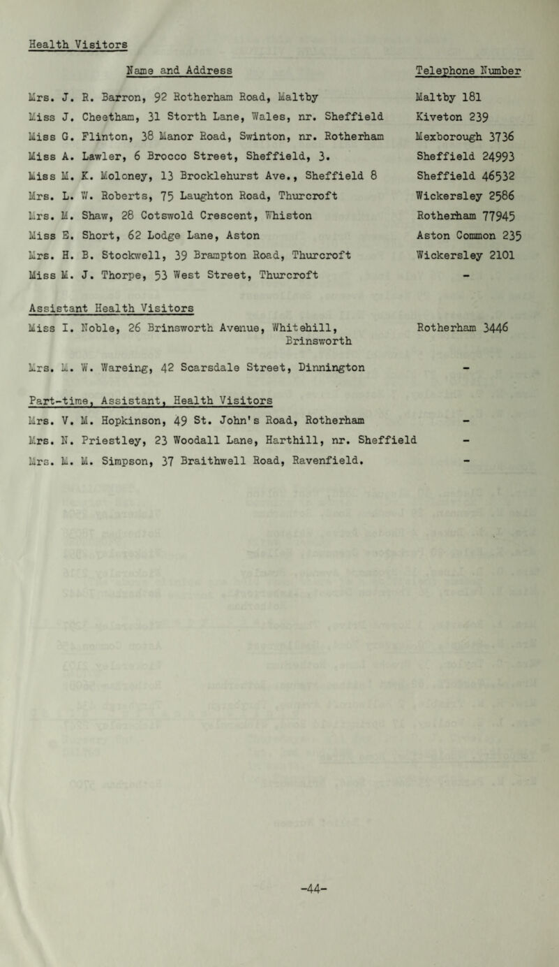 Health Visitors Name and Address Telephone Number Mrs. J. R. Barron, 32 Rotherham Road, Maithy Miss J. Cheethan, 31 Storth Lane, Wales, nr. Sheffield Miss G. Flinton, 38 Manor Road, Swinton, nr. Rotherham Miss A. Lawler, 6 Brocco Street, Sheffield, 3. Miss M. K. Moloney, 13 Brocklehurst Ave., Sheffield 8 Mrs. L. W. Roberts, 75 Laughton Road, Thurcroft Mrs. M. Shaw, 28 Cotswold Crescent, Whiston Miss E. Short, 62 Lodge Lane, Aston Mrs. H. B. Stockwell, 39 Brampton Road, Thurcroft Miss M. J. Thorpe, 53 West Street, Thurcroft Maltby 181 Kiveton 239 Mexborough 3736 Sheffield 24993 Sheffield 46532 Wickersley 2586 Rotherham 77945 Aston Common 235 Wickersley 2101 Assistant Health Visitors Miss I. Noble, 26 Brinsworth Avenue, Whitehill, Rotherham 3446 Brinsworth Mrs. M. W. Wareing, 42 Scarsdale Street, Dinnington Part-time, Assistant, Health Visitors Mrs. V. M. Hopkinson, 49 St. John's Road, Rotherham Mrs. N. Priestley, 23 Woodall Lane, Harthill, nr. Sheffield Mrs. M. M. Simpson, 37 Braithwell Road, Ravenfield. - -44-