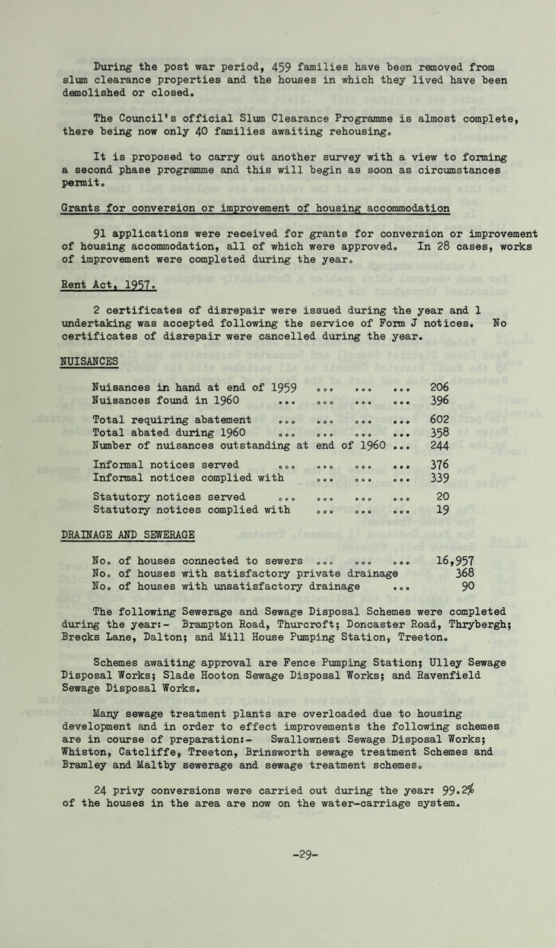 During the post war period, 459 families have been removed from slum clearance properties and the houses in which they lived have been demolished or closed. The Council's official Slum Clearance Programme is almost complete, there being now only 40 families awaiting rehousing. It is proposed to carry out another survey with a view to forming a second phase programme and this will begin as soon as circumstances permit. Grants for conversion or improvement of housing accommodation 91 applications were received for grants for conversion or improvement of housing accommodation, all of which were approved. In 28 cases, works of improvement were completed during the year. Rent Act, 1957* 2 certificates of disrepair were issued during the year and 1 undertaking was accepted following the service of Form J notices. No certificates of disrepair were cancelled during the year. NUISANCES Nuisances in hand at end of 1959 Nuisances found in i960 ... 206 396 Total requiring abatement ... ... ... ... 602 Total abated during i960 ... ... ... ... 358 Number of nuisances outstanding at end of i960 ... 244 Informal notices served ... ... ... ... 376 Informal notices complied with ... ... ... 339 Statutory notices served .. Statutory notices complied with 20 19 DRAINAGE AND SEWERAGE No. of houses connected to sewers ... ... ... 16,957 No. of houses with satisfactory private drainage 368 No. of houses with unsatisfactory drainage ... 90 The following Sewerage and Sewage Disposal Schemes were completed during the year:- Brampton Road, Thurcroft; Doncaster Road, Thrybergh; Brecks Lane, Dalton; and Mill House Pumping Station, Treeton. Schemes awaiting approval are Fence Pumping Station; Ulley Sewage Disposal Works; Slade Hooton Sewage Disposal Works; and Ravenfield Sewage Disposal Works. Many sewage treatment plants are overloaded due to housing development and in order to effect improvements the following schemes are in course of preparation:- Swallownest Sewage Disposal Works; Whiston, Catcliffe, Treeton, Brinsworth sewage treatment Schemes and Bramley and Maltby sewerage and sewage treatment schemes. 24 privy conversions were carried out during the year: 99•2$ of the houses in the area are now on the water-carriage system. “29-