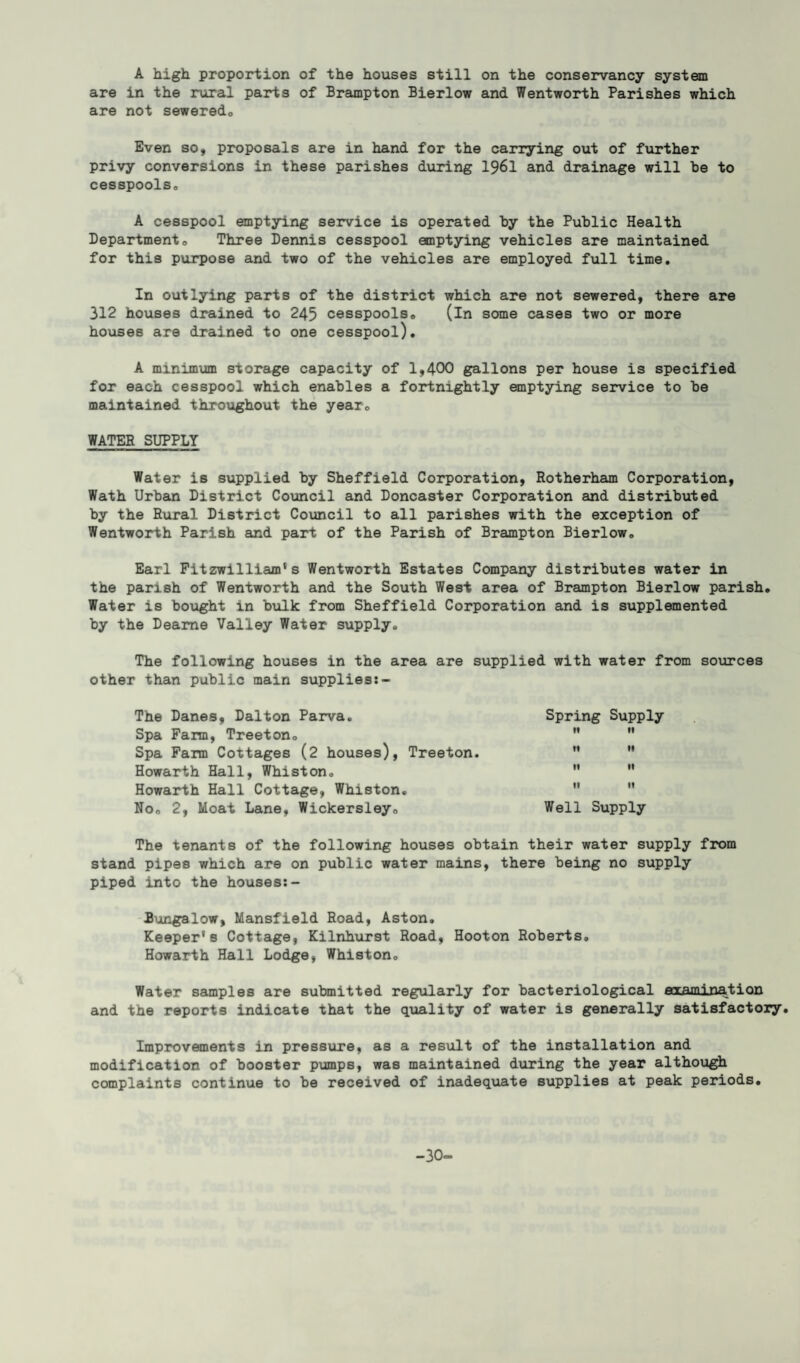 A high proportion of the houses still on the conservancy system are in the rural parts of Brampton Bierlow and Wentworth Parishes which are not seweredo Even so, proposals are in hand for the carrying out of further privy conversions in these parishes during 1961 and drainage will be to cesspools,, A cesspool emptying service is operated by the Public Health Department. Three Dennis cesspool emptying vehicles are maintained for this purpose and two of the vehicles are employed full time. In outlying parts of the district which are not sewered, there are 312 houses drained to 245 cesspools. (in some cases two or more houses are drained to one cesspool). A minimum storage capacity of 1,400 gallons per house is specified for each cesspool which enables a fortnightly emptying service to be maintained throughout the year. WATER SUPPLY Water is supplied by Sheffield Corporation, Rotherham Corporation, Wath Urban District Council and Doncaster Corporation and distributed by the Rural District Council to all parishes with the exception of Wentworth Parish and part of the Parish of Brampton Bierlow. Earl Pitzwilliam*s Wentworth Estates Company distributes water in the parish of Wentworth and the South West area of Brampton Bierlow parish. Water is bought in bulk from Sheffield Corporation and is supplemented by the Deame Valley Water supply. The following houses in the area are supplied with water from sources other than public main supplies:- The Danes, Dalton Parva. Spa Farm, Treeton. Spa Farm Cottages (2 houses), Treeton. Howarth Hall, Whiston. Howarth Hall Cottage, Whiston. No. 2, Moat Lane, Wickersley. The tenants of the following houses obtain their water supply from stand pipes which are on public water mains, there being no supply piped into the houses:- Bungalow, Mansfield Road, Aston. Keeper's Cottage, Kilnhurst Road, Hooton Roberts, Howarth Hall Lodge, Whiston. Water samples are submitted regularly for bacteriological examination and the reports indicate that the quality of water is generally satisfactory. Improvements in pressure, as a result of the installation and modification of booster pumps, was maintained during the year although complaints continue to be received of inadequate supplies at peak periods. Spring Supply t« II M »• It II II II Well Supply -30-