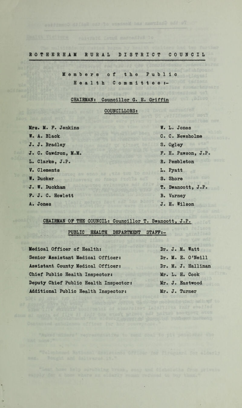 Members of the Public Health Committee :- CHAIRMAN: Councillor G. E» Griffin COUNCILLORS: Mrs. M. F. Jenkins W. A. Black J. J. Bradley J. C. Cawdron, M.M L. Clarke, J.P. V. Clements W. Ducker J. W. Duckham F. J. C. Howlett A. Jones W. Lo Jones C. C. Newsholme S. Ogley F. H. Pawson, J.P R. Pembleton L. Pyatt S. Shore T. Swancott, J.P. B. Varney J. Ho Wilson CHAIRMAN OF THE COUNCIL: Councillor T. Swanoott. J.P. PUBLIC HEALTH DEPARTMENT STAFF:- Medical Officer of Health: Senior Assistant Medical Officer: Assistant County Medical Officer: Chief Public Health Inspector: Deputy Chief Public Health Inspector: Additional Public Health Inspector: Dr. J. M. Watt Dr. M. E. O'Neill Dr. M. J. Hallinan Mr. L. Ho Cook Mr. J. Eastwood Mr. J. Turner