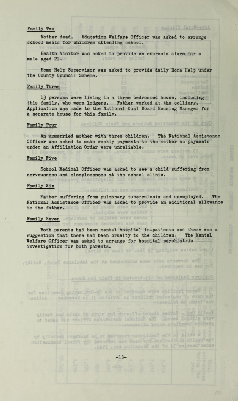 Family Two Mother dead. Education Welfare Officer was asked to arrange school meals for children attending school. Health Visitor was asked to provide an enuresis alarm for a male aged 21. Home Help Supervisor was asked to provide daily Home Help under the County Council Scheme. Family Three 13 persons were living in a three bedroomed house, including this family, who were lodgers. Father worked at the colliery. Application was made to the National Coal Board Housing Manager for a separate house for this family. Family Four An unmarried mother with three children. The National Assistance Officer was asked to make weekly payments to the mother as payments under an Affiliation Order were unreliable. Family Five School Medical Officer was asked to see a child suffering from nervousness and sleeplessness at the school clinic. Family Six Father suffering from pulmonary tuberculosis and unemployed. The National Assistance Officer was asked to provide an additional allowance to the father. Family Seven Both parents had been mental hospital in-patients and there was a suggestion that there had been cruelty to the children. The Mental Welfare Officer was asked to arrange for hospital psychiatric investigation for both parents. -13-