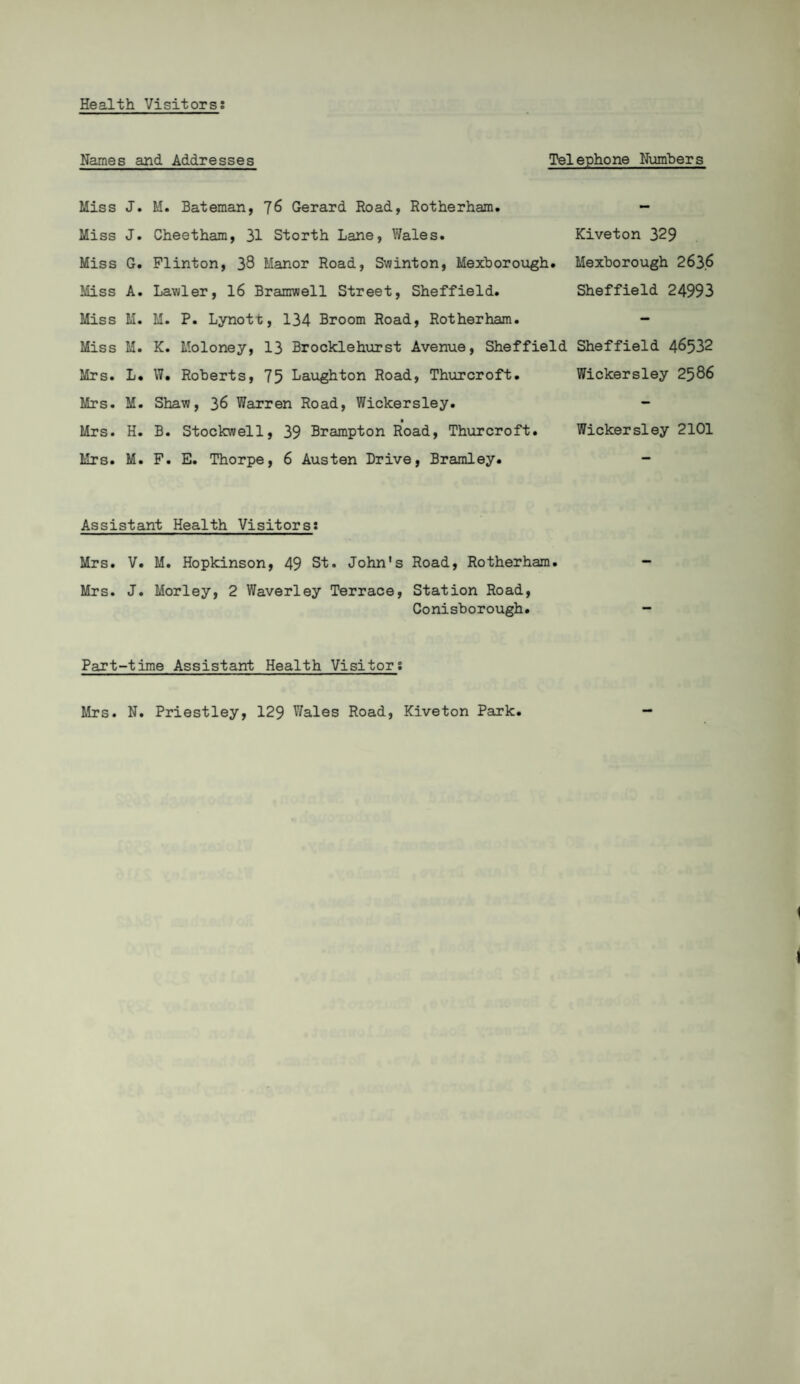 Health Visitors; Names and Addresses Telephone Numbers Miss J. M. Bateman, 76 Gerard Road, Rotherham. - Miss J. Cheetham, 31 Storth Lane, Wales. Kiveton 329 Miss G. Flinton, 38 Manor Road, Swinton, Mexborough. Mexborough 263.6 Miss A. Lawler, 16 Bramwell Street, Sheffield. Sheffield 24993 Miss M. M. P. Lynott, 134 Broom Road, Rotherham. - Miss M. K. Moloney, 13 Brocklehurst Avenue, Sheffield Sheffield 46532 Mrs. L. W. Roberts, 75 Laughton Road, Thurcroft. Wickersley 2586 Mrs. M. Shaw, 36 Warren Road, Wickersley. - Mrs. H. B. Stockwell, 39 Brampton Road, Thurcroft. Wickersley 2101 Mrs. M. F. E. Thorpe, 6 Austen Drive, Bramley. Assistant Health Visitors: Mrs. V. M. Hopkinson, 49 St. John's Road, Rotherham. Mrs. J. Morley, 2 Waverley Terrace, Station Road, Conisborough. Part-time Assistant Health Visitors Mrs. N. Priestley, 129 Wales Road, Kiveton Park