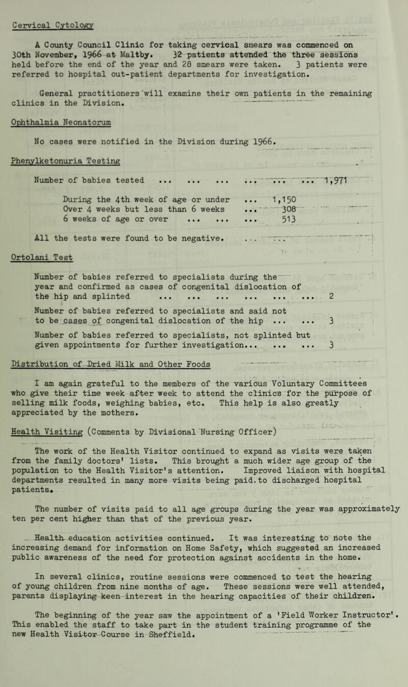 Cervical Cytology A County Council Clinic for taking cervical smears was commenced on 30th November, 1966 at Maltby. 32 patients attended the three sessions held before the end of the year and 28 smears were taken. 3 patients were referred to hospital out-patient departments for investigation. General practitioners 'will examine their own patients in the remaining clinics in the Division. - Ophthalmia Neonatorum No cases were notified in the Division during 1966. Phenylketonuria Testing Number of babies tested . ... rr.. During the 4th week of age or under ... 1,150 Over 4 weeks but less than 6 weeks ...-308 6 weeks of age or over . 513 All the tests were found to be negative. ... .t:~. T ( Ortolani Test -1,971 Number of babies referred to specialists during the-.' year and confirmed as cases of congenital dislocation of the hip and splinted . 2 f; * - * j Number of babies referred to specialists and said not to be cases of congenital dislocation of the hip . 3 Number of babies referred to specialists, not splinted but given appointments for further investigation... . 3 Distribution of-Dried Milk and Other Foods - I am again grateful to the members of the various Voluntary Committees who give their time week after week to attend the clinics for the purpose of selling milk foods, weighing babies, etc. This help is also greatly appreciated by the mothers. Health Visiting (Comments by Divisional Nursing Officer) I The work of the Health Visitor continued to expand as visits were taken from the family doctors’ lists. This brought a much wider age group of the population to the Health Visitor's attention. Improved liaison with hospital departments resulted in many more visits being paid.to discharged hospital patients* The number of visits paid to all age groups during the year was approximately ten per cent higher than that of the previous year. ... Health, education activities continued. It was interesting to note the increasing demand for information on Home Safety, which suggested an increased public awareness of the need for protection against accidents in the home. % In several clinics, routine sessions were commenced to test the hearing of young children from nine months of age. These sessions were well attended, parents displaying, keen-interest in the hearing capacities of their children. The beginning of the year saw the appointment of a 'Field Worker Instructor'. This enabled the staff to take part in the student training programme of the new Health Visitor Gourse in Sheffield.