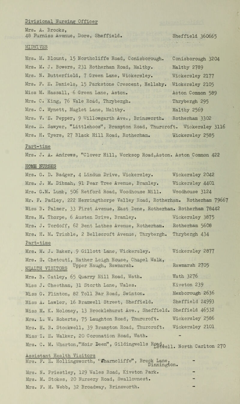Divisional Nursing Officer Mrs. A. Brooks, 48 Furniss Avenue, Dore, Sheffield. MIDWIVES Sheffield 360665 Mrs. M. Blount, 15 Northcliffe Road, Conishorough. Conisborough 3204 Mrs. M. J. Bowers, 231 Rotherham Road, Maltby. Maltby 2789 Mrs. N. Butterfield, 7 Green Lane, Wickersley. Vfickersley 2177 Mrs. F. E. Daniels, 15 Parkstone Crescent, Hellaby. Wickersley 2105 Miss M. Hassall, 6 Green Lane, Aston. Aston Common 589 Mrs. C. King, 76 Vale Road, Thrybergh. Thrybergh 295 Mrs. C. Mynett, Muglet Lane, Maltby. Maltby 2569 Mrs. V. E. Pepper, 9 Willowgarth Ave., Brinsworth. Rotherham 3302 Mrs. E. Sawyer, Littlehoos, Brampton Road, Thurcroft. Wickersley 3116 Mrs. H. Tyers, 27 Black Hill Road, Rotherham. Wickersley 2585 Part-time Mrs. J. A. Andrews, Clover Hill, Worksop Road,Aston. Aston Common 422 HOME NURSES Mrs. G. D. Badger, 4 Lindum Drive, Wickersley. Wickersley 2042 Mrs. J. M. Dibnah, 91 Pear Tree Avenue, Bramley. Wickersley 4401 Mrs. G.M. Lumb, 506 Retford Road, Woodhouse Mill. Woodhouse 3124 Mr. F. Padley, 222 Herringthorpe Valley Road, Rotherham. Rotherham 79667 Miss B. Palmer, 33 First Avenue, East Dene, Rotherham. Rotherham 78442 Mrs. M. Thorpe, 6 Austen Drive, Bramley. Mrs. J. Tordoff, 62 Bent Lathes Avenue, Rotherham. Mrs. H. M. Trimble, 2 Bellscroft Avenue, Thrybergh. Part-time Mrs. M. J. Baker,.9 Gillott Lane, Wickersley. Mrs. S. Chetcuti, Hather Leigh House, Chapel Walk, HEALTH VISITORS Dpper HaUgh> EaWmarSh- Wickersley 3875 Rotherham 5608 Thrybergh 434 Wickersley 2877 Rawmarsh 2705 Wath 3276 Kiveton 239 Mexborough 2636 Sheffield 24993 Mrs. B. Catley, 65 Quarry Hill Road, V/ath. Miss J. Cheetham, 31 Storth Lane, Wales. Miss G. Flinton, 82 Toll Bar Road, Swinton. Miss A. Lawler, 16 Bramwell Street, Sheffield. Miss M. K. Moloney, 13 Brocklehurst Ave., Sheffield. Sheffield 46532 Mrs. L. W. Roberts, 75 Laughton Road, Thurcroft. Wickersley 2586 Mrs. H. B. Stockwell, 39 Brampton Road, Thurcroft. Wickersley 2101 Miss I. E. Walker, 20 Coronation Road, Wath. Mrs. C. M. Wharton,Moir Deen, Gildingwells RgJ^ell. North Carlton 270 Assistant Health Visitors Mrs. F. S. Hollingsworth, iThamcliffe, Breck Lane. Dinnington. Mrs. N. Priestley, 129 Wales Road, Kiveton Park. Mrs. M. Stokes, 20 Nursery Road, Swallov/nest. Mrs. F. M. Webb, 32 Broadway, Brinsworth.