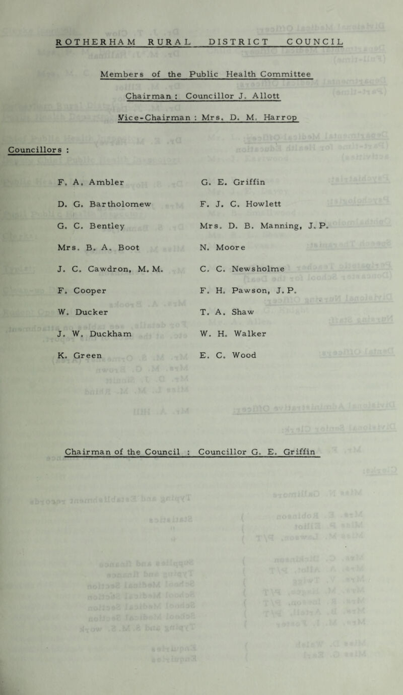Members of the Public Health Committee Chairman : Councillor J. Allott Vice-Chairman : Mrs. D. M. Harrop Councillors : F. A, Ambler D. G. Bartholomew G. C. Bentley Mrs. B. A. Boot J. C. Cawdron, M. M F. Cooper W. Ducker J. W, Duckham K. Green G. E. Griffin F. J. C. Howlett Mrs. D. B. Manning N. Moore C. C. Newsholme F. H. Pawson, J. P. T. A. Shaw W. H. Walker E. C. Wood J. P. Chairman of the Council : Councillor G, E. Griffin