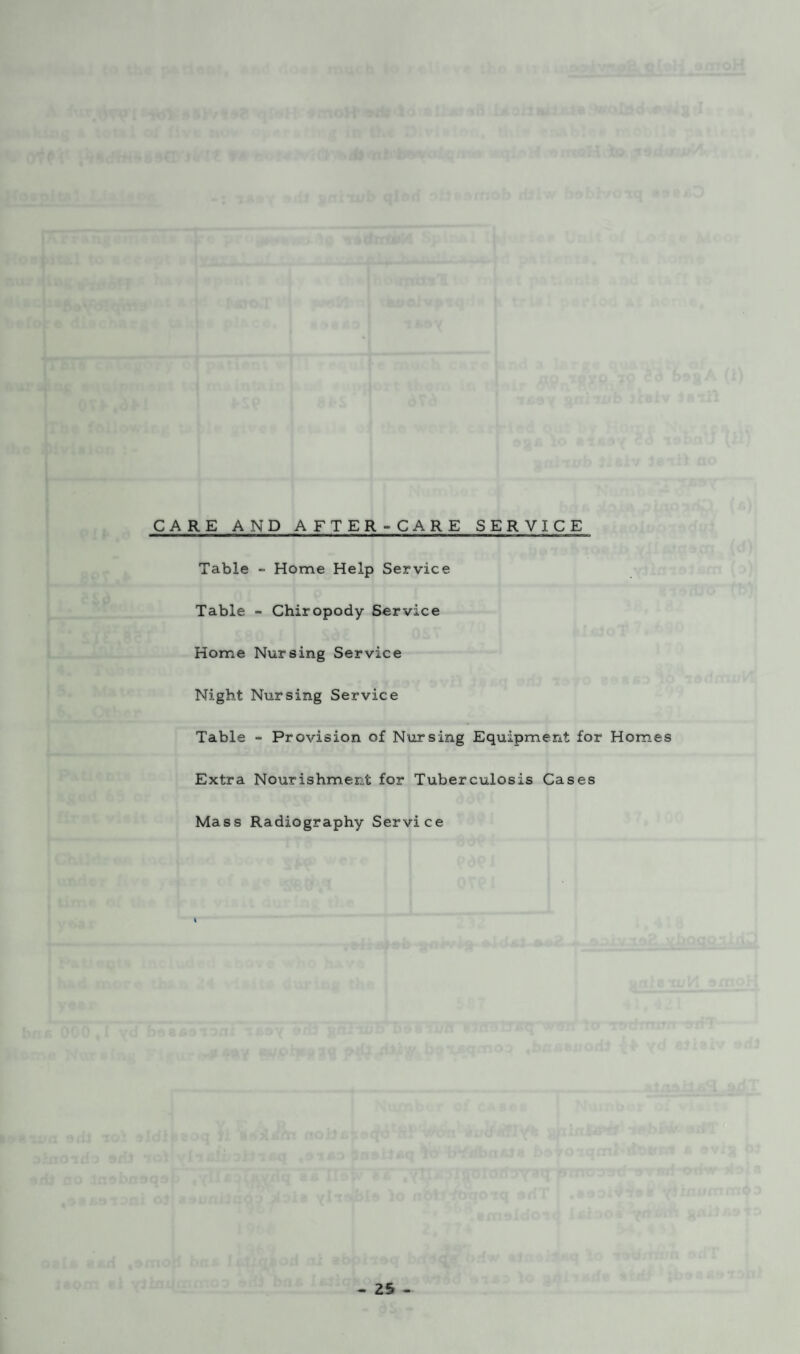 CARE AND AFTER-CARE SERVICE Table - Home Help Service Table - Chiropody Service Home Nursing Service Night Nursing Service Table - Provision of Nursing Equipment for Homes Extra Nourishment for Tuberculosis Cases Mass Radiography Service
