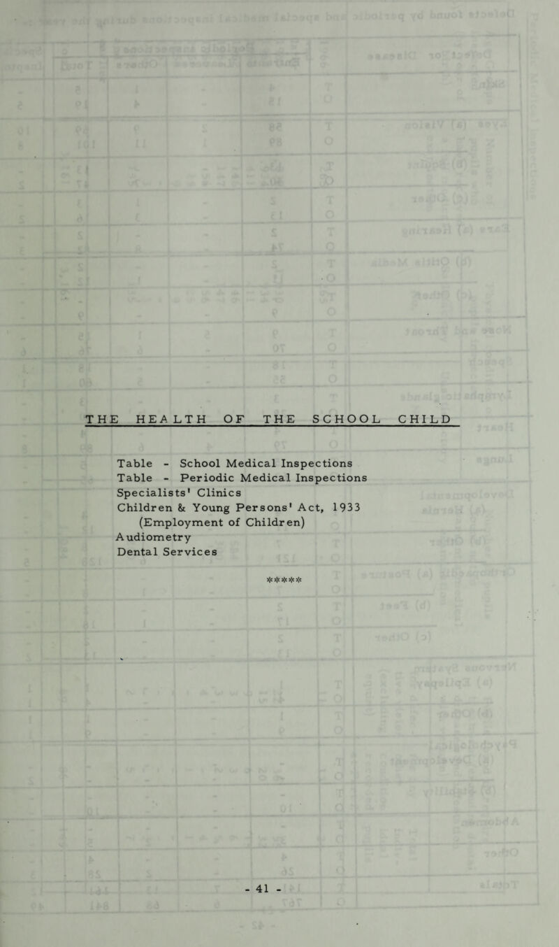 Table - School Medical Inspections Table - Periodic Medical Inspections Specialists' Clinics Children & Young Persons' Act, 1933 (Employment of Children) Audiometry Dental Services >!< * >|c >\<