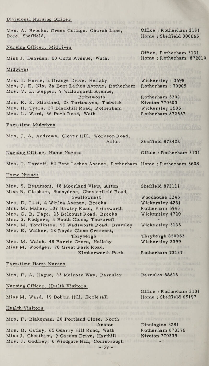 Divisional Nursing Officer Mrs. A. Brooks, Green Cottage, Church Lane, Dore, Sheffield. Nursing Officer, Midwives Miss J. Dearden, 50 Cutts Avenue, Wath. Mid wive s Mrs. J. Herne, 2 Grange Drive, Hellaby Mrs. J. E. Nix, 2a Bent Lathes Avenue, Rotherham Mrs. V. E. Pepper, 9 Willowgarth Avenue, Brinsworth Mrs. K. E. Stickland, 28 Tortmayns, Todwick Mrs. H. Tyers, 27 Blackhill Road, Rotherham Mrs. L. Ward, 36 Park Road, Wath Part-time Midwives Mrs. J. A. Andrews, Clover Hill, Worksop Road, Aston Nursing Officer, Home Nurses Mrs. J. Tordoff, 62 Bent Lathes Avenue, Rotherham Home Nurses Mrs. S. Beaumont, 18 Moorland View, Aston Miss B. Clapham, Sunnydene, Chesterfield Road, Swallowne st Mrs. D. Last, 4 Winlea Avenue, Brecks Mrs. M. Maher, 107 Bawtry Road, Brinsworth Mrs. C. B. Page, 23 Belcourt Road, Brecks Mrs. S. Rodgers, 4 Booth Close, Thurcroft Mrs. M. Tomlinson, 96 Wadsworth Road, Bramley Mrs. E. Walker, 18 Royds Close Crescent, Thrybergh Mrs. M. Walsh, 48 Barrie Grove, Hellaby Miss M. Woodger, 78 Great Park Road, Kimberworth Park Part-time Home Nurses Mrs. P. A. Hague, 23 Melrose Way, Barnsley Nursing Officer, Health Visitors Miss M. Ward, 19 Dobbin Hill, Ecclesall Health Visitors Mrs. P. Blakeman, 20 Portland Close, North Anston Mrs. B. Catley, 65 Quarry Hill Road, Wath Miss J. Cheetham, 9 Casson Drive, Harthill Mrs. J. Godfrey, 6 Windgate Hill, Conisbrough - 59 - Office : Rotherham 3131 Home : Sheffield 300665 Office, Rotherham 3131 Home : Rotherham 872019 Wickersley : 3698 Rotherham : 70905 Rotherham 3302 Kiveton 770603 Wickersley 2585 Rotherham 872567 Sheffield 872422 Office : Rotherham 3131 Home : Rotherham 5608 Sheffield 872111 Woodhouse 2345 Wickersley 4231 Rotherham 5943 Wickersley 4720 Wickersley 3133 Thrybergh 850053 Wickersley 2399 Rotherham 73137 Barnsley 88618 Office : Rotherham 3131 Home : Sheffield 65197 Dinnington 3281 Rotherham 873276 Kiveton 770239