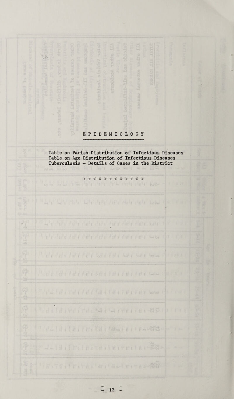 EPIDEMIOLOGY Table on Parish Distribution of Infectious Diseases Table on Age Distribution of Infectious Diseases Tuberculosis - Details of Cases in the District v/ w \/ \/ \/ \/ \/ \/ \/ \/ \f \/ ~/\ /\ /C ”/\ ’/C /\ ~/\ ”/\ ~/\ 7\ 7v