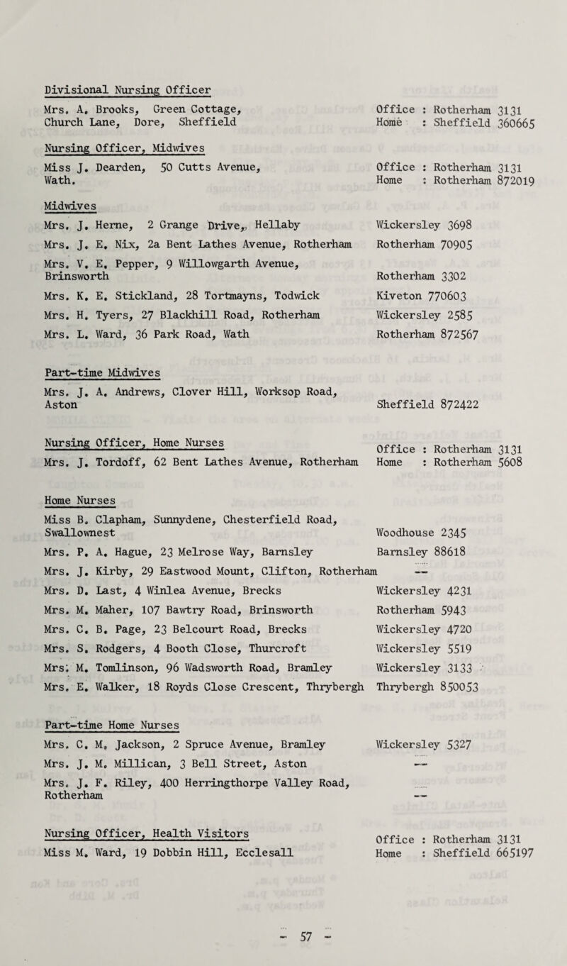 Divisional Nursing Officer Mrs. A. Brooks, Green Cottage, Office ; Rotherham 3131 Church Lane, Dore, Sheffield Horae : Sheffield 360665 Nursing Officer, Midwives Miss J. Dearden, 50 Cutts Avenue, Wath. Office : Rotherham 3131 Home : Rotherham 872019 Midwives Mrs. J. Herne, 2 Grange Drive,, Hellaby Mrs. J. E, Nix, 2a Bent Lathes Avenue, Rotherham Mrs. V. E, Pepper, 9 Willowgarth Avenue, Brinsworth Mrs. K. E. Stickland, 28 Tortmayns, Todwick Mrs. H. Tyers, 27 Blackhill Road, Rotherham Mrs, L. Ward, 36 Park Road, Wath Wickersley 3698 Rotherham 70905 Rotherham 3302 Kiveton 770603 Wickersley 2585 Rotherham 872567 Part-time Midwives Mrs, J. A, Andrews, Clover Hill, Worksop Road, Aston Sheffield 872422 Nursing Officer, Home Nurses Mrs. J. Tordoff, 62 Bent Lathes Avenue, Rotherham Office : Rotherham 3131 Home : Rotherham 5608 Home Nurses Miss B. Clapham, Sunnydene, Chesterfield Road, Swallownest Mrs, P. A. Hague, 23 Melrose Way, Barnsley Woodhouse 2345 Barnsley 88618 Mrs. J. Kirby, 29 Eastwood Mount, Clifton, Rotherham Mrs. D. Last, 4 Winlea Avenue, Brecks Mrs. M. Maher, 107 Bawtry Road, Brinsworth Mrs, C, B. Page, 23 Belcourt Road, Brecks Mrs. S. Rodgers, 4 Booth Close, Thurcroft Mrs; M. Tomlinson, 96 Wadsworth Road, Bramley Wickersley 4231 Rotherham 5943 Wickersley 4720 Wickersley 5519 Wickersley 3133 Mrs. E. Walker, 18 Royds Close Crescent, Thrybergh Thrybergh 850053 Part-time Home Nurses Mrs. C. M, Jackson, 2 Spruce Avenue, Bramley Wickersley 5327 Mrs, J. M» Millican, 3 Bell Street, Aston —- Mrs. J. F. Riley, 400 Herringthorpe Valley Road, Rotherham Nursing Officer;, Health Visitors Miss M. Ward, 19 Dobbin Hill, Ecclesall Office : Rotherham 3131 Home : Sheffield 665197