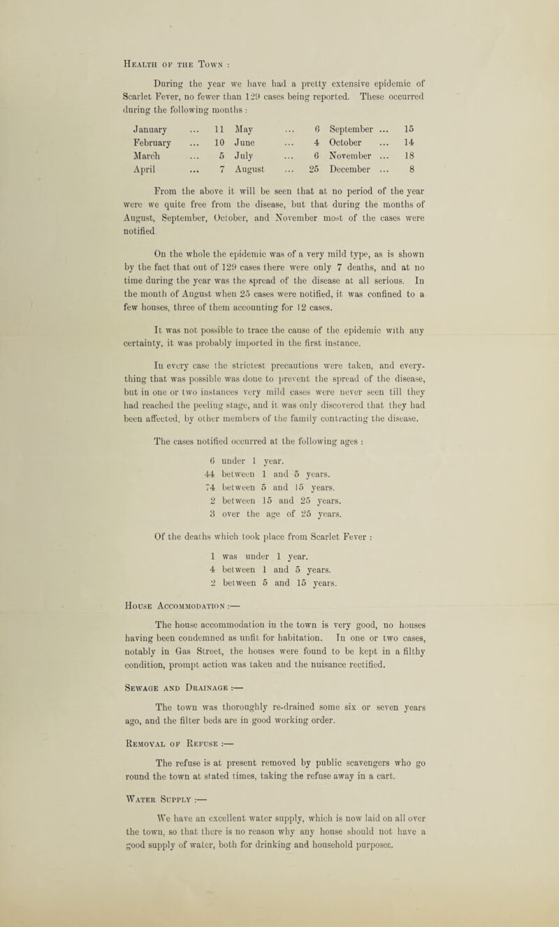 Health of the Town : During the year we have had a pretty extensive epidemic of Scarlet Fever, no fewer than 12D cases being reported. These occurred during the following months : January ... 11 February ... 10 March ... 5 April ... 7 May ... 6 J une ... 4 July ... 6 August ... 25 September ... 15 October ... 14 November ... 18 December ... 8 From the above it will be seen that at no period of the year were we quite free from the disease, but that during the months of August, September, October, and November most of the cases were notified On the whole the epidemic was of a very mild type, as is shown by the fact that out of 129 cases there were only 7 deaths, and at no time during the year was the spread of the disease at all serious. In the mouth of August when 25 cases were notified, it was confined to a few houses, three of them accounting for 12 cases. It was not possible to trace the cause of the epidemic with any certainty, it was probably imported in the first instance. In every case the strictest precautions were taken, and every¬ thing that was possible was done to prevent the spread of the disease, but in one or two instances very mild cases were never seen till they had reached the peeling stage, and it was only discovered that they had been affected, by other members of the family contracting the disease. The cases notified occurred at the following ages : 6 under 1 year. 44 between 1 and 5 years. 74 between 5 and 15 years. 2 between 15 and 25 years. 3 over the age of 25 years. Of the deaths which took place from Scarlet Fever : 1 was under 1 year. 4 between 1 and 5 years. 2 between 5 and 15 years. House Accommodation :— The house accommodation in the town is very good, no houses having been condemned as unfit for habitation. In one or two cases, notably in Gas Street, the houses were found to be kept in a filthy condition, prompt action was taken and the nuisance rectified. Sewage and Drainage :— The town was thoroughly re-drained some six or seven years ago, and the filter beds are in good working order. Removal of Refuse :— The refuse is at present removed by public scavengers who go round the town at stated times, taking the refuse away in a cart. Water Supply :— We have an excellent water supply, which is now laid on all over the town, so that there is no reason why any house should not have a good supply of water, both for drinking and household purposes.