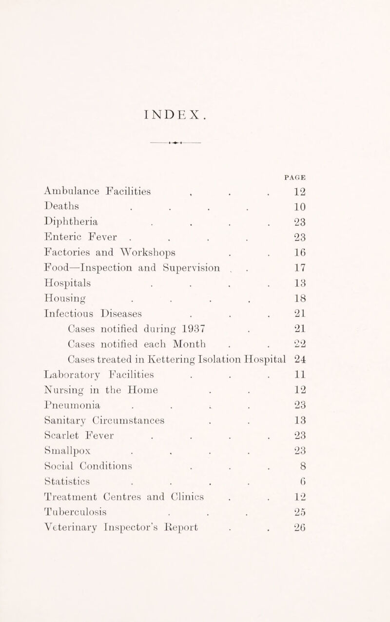 INDEX. PAGE Ambulance Facilities , . .12 Deaths . . . . 10 Diphtheria . . . .23 Enteric Fever . . . . 23 Factories and Workshops . . 16 Food—Inspection and Supervision „ 17 Hospitals . . . .13 Housing . . . , 18 Infectious Diseases . . .21 Cases notified during 1937 . 21 Cases notified each Month . . 22 Cases treated in Kettering Isolation Hospital 24 Laboratory Facilities . . . 11 Nursing in the Horne . . 12 Pneumonia .... 23 Sanitary Circumstances . . 13 Scarlet Fever . . . .23 Smallpox .... 23 Social Conditions ... 8 Statistics .... 6 Treatment Centres and Clinics . . 12 Tuberculosis ... 25 Veterinary Inspector’s Report . . 26