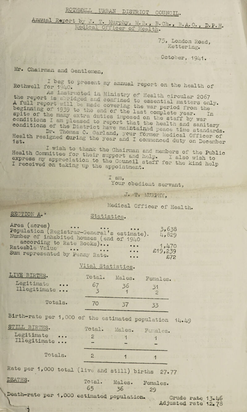 ^ROxifli/E-ui-i URBAN DISTRICT COUNCIL. Annual Report Ty. J^jr. Murphy, Si. 3.. B.Oh.. «.i n « „ „ Juedical pVHStrtT'l,^ f t.„. ’ ^ 75, London Hoad, Kettering. October, 1941. ivlr. Chairman and Gentlemen, Rothwell for 1940° P annual report on the health of the reportsMin*?tr? of Health circular 2067 comitio^11! rsisss conditions^ theBi strict nave -intai^ P^acf SSL Healt, resigned during’the yej’^! ZSLXg oT^enbL Health Committee for^thSr^surSo-t^d -arf “eI:ib?rs1 of the Public express ^ appreciation 4 SSKnSl tol *? I received on taking up the appointment. klnd help am, SECTION A. * lour obedient servant, J. T. MURPHY, Medical Officer of Health. Statistics. Area (acres) Population (Registrar-General’s estimate) Number of inhabited houses (end of 1940 according to Rate Books)*.. Rateable Value Sum represented by Penny Rat’e! ! .*! >638 4,829 3 1,470 £19,239 £72 Vital Statistics. LIVE BIRTHS. Legitimate Illegitimate . Total. 67 3 Males. 36 Females. 1 31 2 Totals. 70 37 33 Birth-rate per 1,000 of the estimated population STILL BIRTHS. Legitimate Illegitimate ... Total. 2 Males. 1 • Females. 1 Totals. 2 1 1 Rate per 1,000 total (live and still) births 27. DEATHS. Total. 65 Males. 36 Females. 29 •i Crude r&he 13*46 Adjusted rate 12. 78