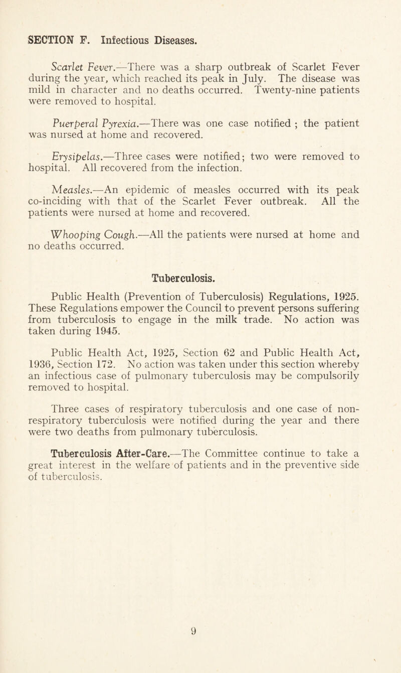 SECTION F. Infectious Diseases. Scarlet Fever.-—There was a sharp outbreak of Scarlet Fever during the year, which reached its peak in July. The disease was mild in character and no deaths occurred. Twenty-nine patients were removed to hospital. Puerperal Pyrexia.—There was one case notified ; the patient was nursed at home and recovered. Erysipelas.—Three cases were notified; two were removed to hospital. All recovered from the infection. Measles.—An epidemic of measles occurred with its peak co-inciding with that of the Scarlet Fever outbreak. All the patients were nursed at home and recovered. Whooping Cough.—All the patients were nursed at home and no deaths occurred. Tuberculosis. Public Health (Prevention of Tuberculosis) Regulations, 1925. These Regulations empower the Council to prevent persons suffering from tuberculosis to engage in the milk trade. No action was taken during 1945. Public Health Act, 1925, Section 62 and Public Health Act, 1936, Section 172. No action was taken under this section whereby an infectious case of pulmonary tuberculosis may be compulsorily removed to hospital. Three cases of respiratory tuberculosis and one case of non- respiratory tuberculosis were notified during the year and there were two deaths from pulmonary tuberculosis. Tuberculosis After-Care.—The Committee continue to take a great interest in the welfare of patients and in the preventive side of tuberculosis.