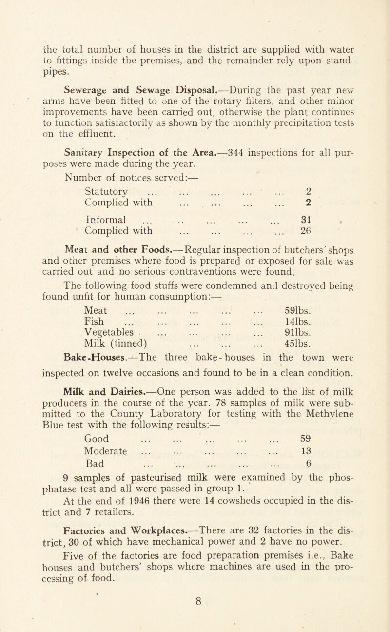 the total number of houses in the district are supplied with water to fittings inside the premises, and the remainder rely upon stand¬ pipes. Sewerage and Sewage Disposal.-—During the past year new arms have been fitted to one of the rotary filters, and other minor improvements have been carried out, otherwise the plant continues to function satisfactorily as shown by the monthly precipitation tests on the effluent. Sanitary Inspection of the Area.—344 inspections for all pur¬ poses were made during the year. Number of notices served:— Statutory ... ... ... ... ... 2 Complied with ... ... ... ... 2 Informal ... ... ... ... ... 31 Complied with ... ... ... ... 26 Meat and other Foods.— Regular inspection of butchers’shops and other premises where food is prepared or exposed for sale was carried out and no serious contraventions were found. The following food stuffs were condemned and destroyed being found unfit for human consumption:— Meat ... ... ... ... ... 591bs. Fish ... ... ... ... ... 141bs. Vegetables ... ... ... ... 911bs. Milk (tinned) ... ... ... 45lbs. Bake-Houses.—The three bake-houses in the town were » inspected on twelve occasions and found to be in a clean condition. Milk and Dairies.—One person was added to the li'st of milk producers in the course of the year. 78 samples of milk were sub¬ mitted to the County Laboratory for testing with the Methylene Blue test with the following results:— Good ... ... ... ... ... 59 Moderate ... ... ... ... ... 13 Bad ... ... ... ... ... 6 9 samples of pasteurised milk were examined by the phos¬ phatase test and all were passed in group 1. At the end of 1946 there were 14 cowsheds occupied in the dis¬ trict and 7 retailers. Factories and Workplaces.—There are 32 factories in the dis¬ trict, 30 of which have mechanical power and 2 have no power. Five of the factories are food preparation premises i.e., Bake houses and butchers’ shops where machines are used in the pro¬ cessing of food.