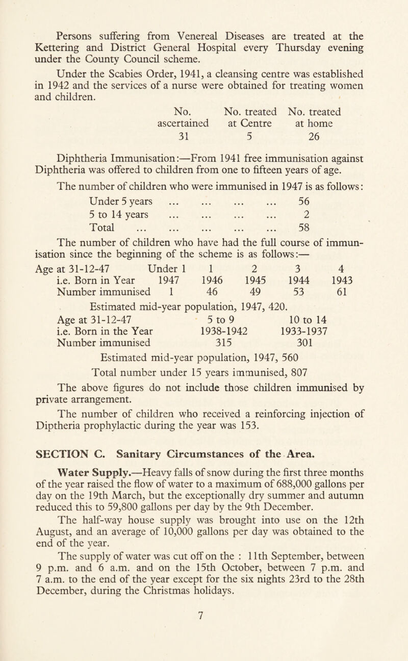 Persons suffering from Venereal Diseases are treated at the Kettering and District General Hospital every Thursday evening under the County Council scheme. Under the Scabies Order, 1941, a cleansing centre was established in 1942 and the services of a nurse were obtained for treating women and children. No. No. treated No. treated ascertained at Centre at home 31 5 26 Diphtheria Immunisation:—From 1941 free immunisation against Diphtheria was offered to children from one to fifteen years of age. The number of children who were immunised in 1947 is as follows: Under 5 years . 56 5 to 14 years . 2 Fotal ... ... ... ... ... 58 The number of children who have had the full course of immun¬ isation since the beginning of the scheme is as follows:— Age at 31-12-47 Under 11 2 3 4 i.e. Born in Year 1947 1946 1945 1944 1943 Number immunised 1 46 49 53 61 Estimated mid-year population, 1947, 420. Age at 31-12-47 5 to 9 10 to 14 i.e. Born in the Year 1938-1942 1933-1937 Number immunised 315 301 Estimated mid-year population, 1947, 560 Total number under 15 years immunised, 807 The above figures do not include those children immunised by private arrangement. The number of children who received a reinforcing injection of Diptheria prophylactic during the year was 153. SECTION C. Sanitary Circumstances of the Area. Water Supply.—Heavy falls of snow during the first three months of the year raised the flow of water to a maximum of 688,000 gallons per day on the 19th March, but the exceptionally dry summer and autumn reduced this to 59,800 gallons per day by the 9th December. The half-way house supply was brought into use on the 12th August, and an average of 10,000 gallons per day was obtained to the end of the year. The supply of water was cut off on the : 11th September, between 9 p.m. and 6 a.m. and on the 15th October, between 7 p.m. and 7 a.m. to the end of the year except for the six nights 23rd to the 28th December, during the Christmas holidays.