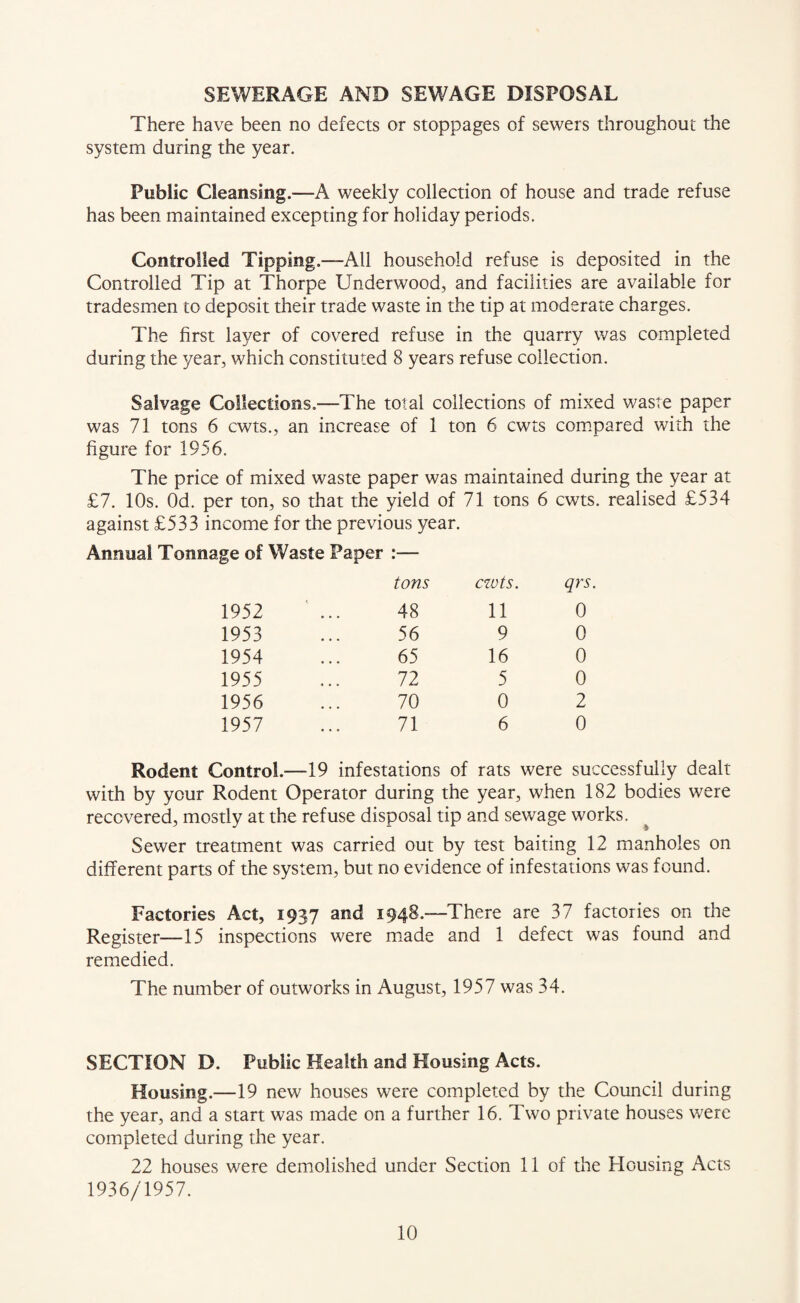 SEWERAGE AND SEWAGE DISPOSAL There have been no defects or stoppages of sewers throughout the system during the year. Public Cleansing.—A weekly collection of house and trade refuse has been maintained excepting for holiday periods. Controlled Tipping.—All household refuse is deposited in the Controlled Tip at Thorpe Underwood, and facilities are available for tradesmen to deposit their trade waste in the tip at moderate charges. The first layer of covered refuse in the quarry was completed during the year, which constituted 8 years refuse collection. Salvage Collections.—The total collections of mixed waste paper was 71 tons 6 cwts., an increase of 1 ton 6 cwts compared with the figure for 1956. The price of mixed waste paper was maintained during the year at £7. 10s. Od. per ton, so that the yield of 71 tons 6 cwts. realised £534 against £533 income for the previous year. Annual Tonnage of Waste Paper :— tons cwts. qrs 1952 48 11 0 1953 56 9 0 1954 65 16 0 1955 72 5 0 1956 70 0 2 1957 71 6 0 Rodent Control.—19 infestations of rats were successfully dealt with by your Rodent Operator during the year, when 182 bodies were recovered, mostly at the refuse disposal tip and sewage works. Sewer treatment was carried out by test baiting 12 manholes on different parts of the system, but no evidence of infestations was found. Factories Act, 1937 and 1948.—There are 37 factories on the Register—15 inspections were made and 1 defect was found and remedied. The number of outworks in August, 1957 was 34. SECTION D. Public Health and Housing Acts. Housing.—19 new houses were completed by the Council during the year, and a start was made on a further 16. Two private houses were completed during the year. 22 houses were demolished under Section 11 of the Housing Acts 1936/1957.