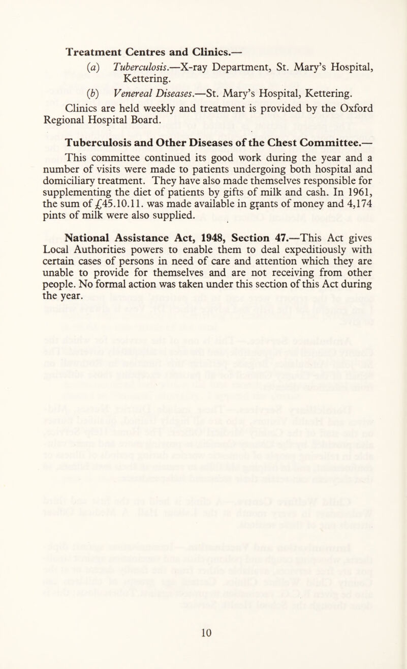 Treatment Centres and Clinics.— (а) Tuberculosis.—X-ray Department, St. Mary’s Hospital, Kettering. (б) Venereal Diseases.—St. Mary’s Hospital, Kettering. Clinics are held weekly and treatment is provided by the Oxford Regional Hospital Board. Tuberculosis and Other Diseases of the Chest Committee.— This committee continued its good work during the year and a number of visits were made to patients undergoing both hospital and domiciliary treatment. They have also made themselves responsible for supplementing the diet of patients by gifts of milk and cash. In 1961, the sum of £45.10.11. was made available in grants of money and 4,174 pints of milk were also supplied. National Assistance Act, 1948, Section 47.—This Act gives Local Authorities powers to enable them to deal expeditiously with certain cases of persons in need of care and attention which they are unable to provide for themselves and are not receiving from other people. No formal action was taken under this section of this Act during the year.