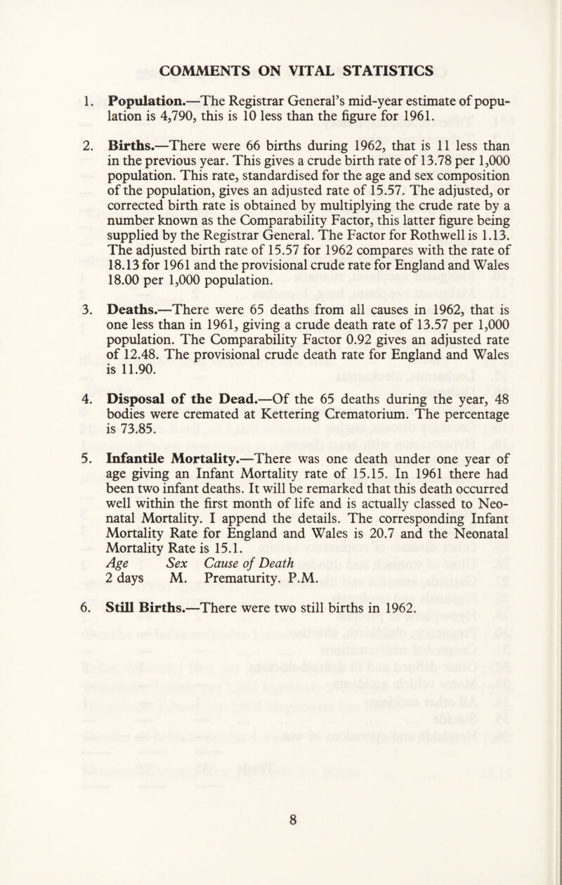 1. Population.—The Registrar General’s mid-year estimate of popu¬ lation is 4,790, this is 10 less than the figure for 1961. 2. Births.—There were 66 births during 1962, that is 11 less than in the previous year. This gives a crude birth rate of 13.78 per 1,000 population. This rate, standardised for the age and sex composition of the population, gives an adjusted rate of 15.57. The adjusted, or corrected birth rate is obtained by multiplying the crude rate by a number known as the Comparability Factor, this latter figure being supplied by the Registrar General. The Factor for Rothwell is 1.13. The adjusted birth rate of 15.57 for 1962 compares with the rate of 18.13 for 1961 and the provisional crude rate for England and Wales 18.00 per 1,000 population. 3. Deaths.—There were 65 deaths from all causes in 1962, that is one less than in 1961, giving a crude death rate of 13.57 per 1,000 population. The Comparability Factor 0.92 gives an adjusted rate of 12.48. The provisional crude death rate for England and Wales is 11.90. 4. Disposal of the Dead.—Of the 65 deaths during the year, 48 bodies were cremated at Kettering Crematorium. The percentage is 73.85. 5. Infantile Mortality.—There was one death under one year of age giving an Infant Mortality rate of 15.15. In 1961 there had been two infant deaths. It will be remarked that this death occurred well within the first month of life and is actually classed to Neo¬ natal Mortality. I append the details. The corresponding Infant Mortality Rate for England and Wales is 20.7 and the Neonatal Mortality Rate is 15.1. Age Sex Cause of Death 2 days M. Prematurity. P.M. 6. Still Births.—There were two still births in 1962.