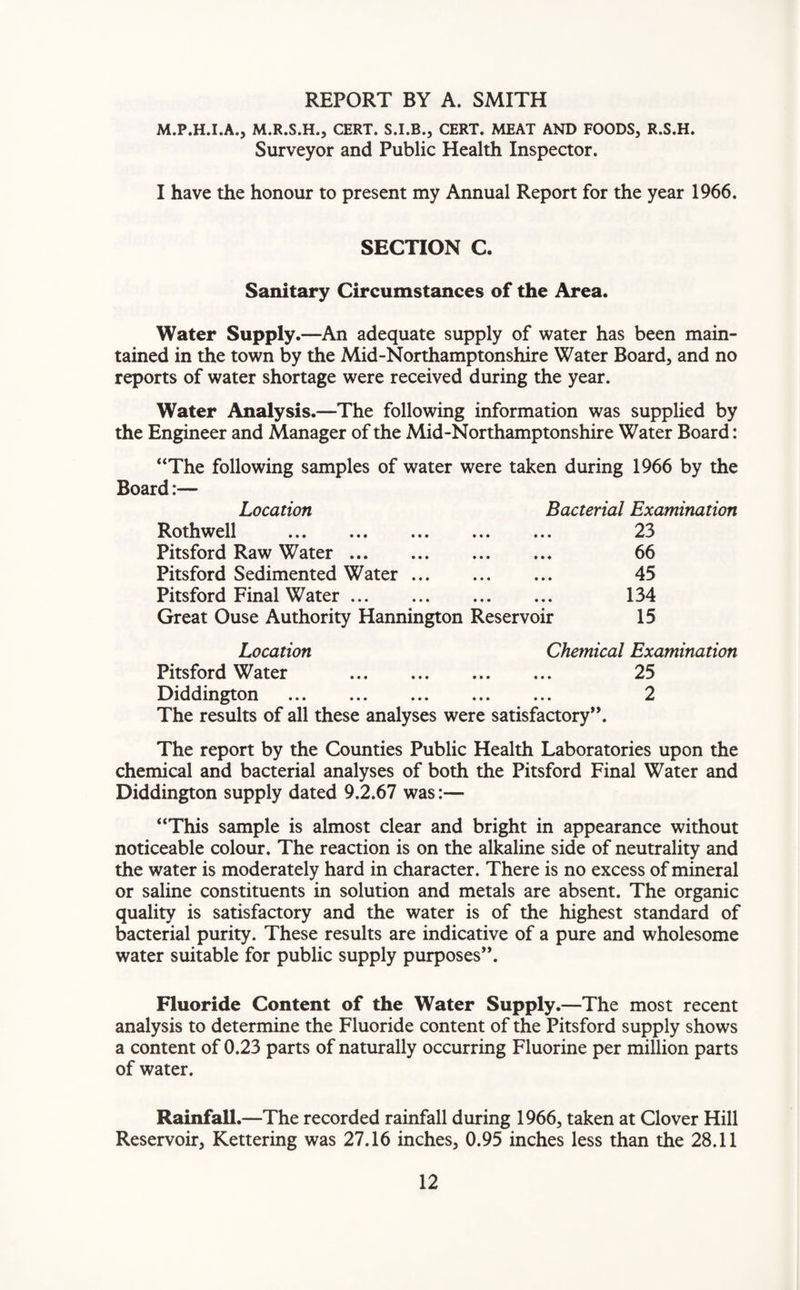 REPORT BY A. SMITH M.P.H.I.A., M.R.S.H., CERT. S.I.B., CERT. MEAT AND FOODS, R.S.H. Surveyor and Public Health Inspector. I have the honour to present my Annual Report for the year 1966. SECTION C. Sanitary Circumstances of the Area. Water Supply.—An adequate supply of water has been main¬ tained in the town by the Mid-Northamptonshire Water Board, and no reports of water shortage were received during the year. Water Analysis.—The following information was supplied by the Engineer and Manager of the Mid-Northamptonshire Water Board: “The following samples of water were taken during 1966 by the Board:— Location Bacterial Examination Rothwell . » • • • • • 23 Pitsford Raw Water. • • • • • ♦ 66 Pitsford Sedimented Water ... • • • • • • 45 Pitsford Final Water. • • • • « • 134 Great Ouse Authority Hannington Reservoir 15 Location Chemical Examination Pitsford Water . • i • • • • 25 Diddington . The results of all these analyses • • • • • • were satisfactory”. 2 The report by the Counties Public Health Laboratories upon the chemical and bacterial analyses of both the Pitsford Final Water and Diddington supply dated 9.2.67 was:— “This sample is almost clear and bright in appearance without noticeable colour. The reaction is on the alkaline side of neutrality and the water is moderately hard in character. There is no excess of mineral or saline constituents in solution and metals are absent. The organic quality is satisfactory and the water is of the highest standard of bacterial purity. These results are indicative of a pure and wholesome water suitable for public supply purposes”. Fluoride Content of the Water Supply.—The most recent analysis to determine the Fluoride content of the Pitsford supply shows a content of 0.23 parts of naturally occurring Fluorine per million parts of water. Rainfall.—The recorded rainfall during 1966, taken at Clover Hill Reservoir, Kettering was 27.16 inches, 0.95 inches less than the 28.11