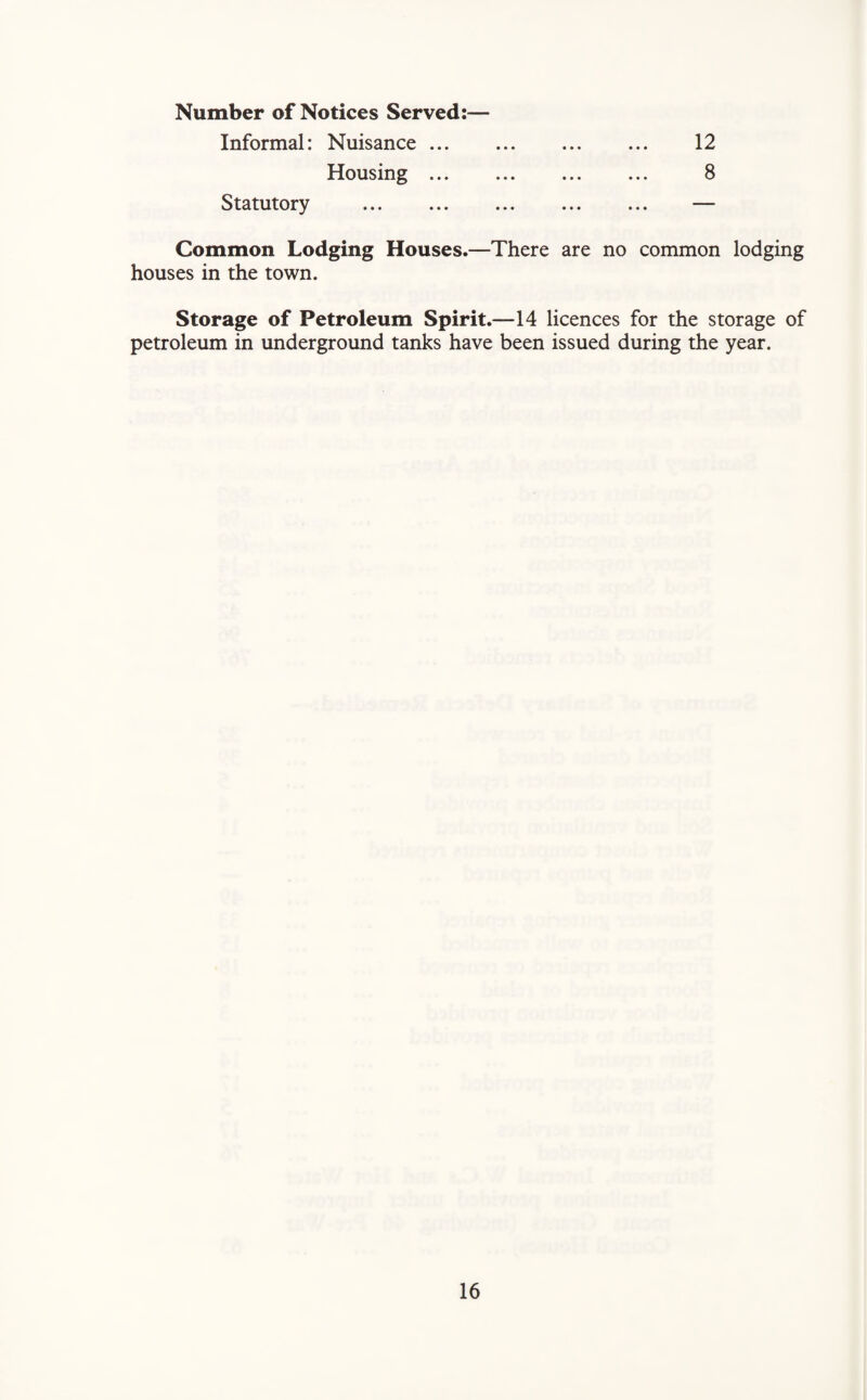 Number of Notices Served:— Informal: Nuisance. 12 Housing. 8 Statutory . — Common Lodging Houses.—There are no common lodging houses in the town. Storage of Petroleum Spirit.—14 licences for the storage of petroleum in underground tanks have been issued during the year.