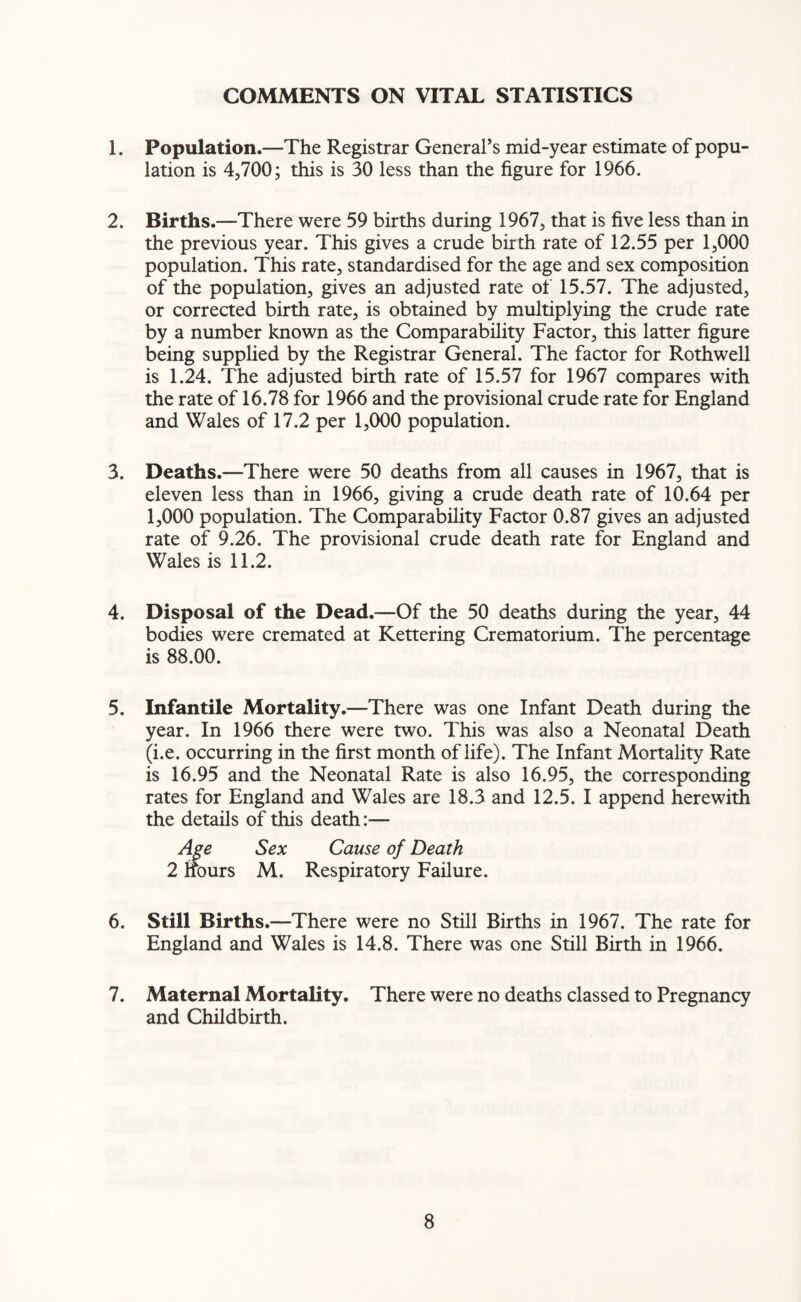 1. Population.—The Registrar General’s mid-year estimate of popu¬ lation is 4,700; this is 30 less than the figure for 1966. 2. Births.—There were 59 births during 1967, that is five less than in the previous year. This gives a crude birth rate of 12.55 per 1,000 population. This rate, standardised for the age and sex composition of the population, gives an adjusted rate of 15.57. The adjusted, or corrected birth rate, is obtained by multiplying the crude rate by a number known as the Comparability Factor, this latter figure being supplied by the Registrar General. The factor for Rothwell is 1.24. The adjusted birth rate of 15.57 for 1967 compares with the rate of 16.78 for 1966 and the provisional crude rate for England and Wales of 17.2 per 1,000 population. 3. Deaths.—There were 50 deaths from all causes in 1967, that is eleven less than in 1966, giving a crude death rate of 10.64 per 1,000 population. The Comparability Factor 0.87 gives an adjusted rate of 9.26. The provisional crude death rate for England and Wales is 11.2. 4. Disposal of the Dead.—Of the 50 deaths during the year, 44 bodies were cremated at Kettering Crematorium. The percentage is 88.00. 5. Infantile Mortality.—There was one Infant Death during the year. In 1966 there were two. This was also a Neonatal Death (i.e. occurring in the first month of life). The Infant Mortality Rate is 16.95 and the Neonatal Rate is also 16.95, the corresponding rates for England and Wales are 18.3 and 12.5. I append herewith the details of this death:— Age Sex Cause of Death 2 nours M. Respiratory Failure. 6. Still Births.—There were no Still Births in 1967. The rate for England and Wales is 14.8. There was one Still Birth in 1966. 7. Maternal Mortality. There were no deaths classed to Pregnancy and Childbirth.